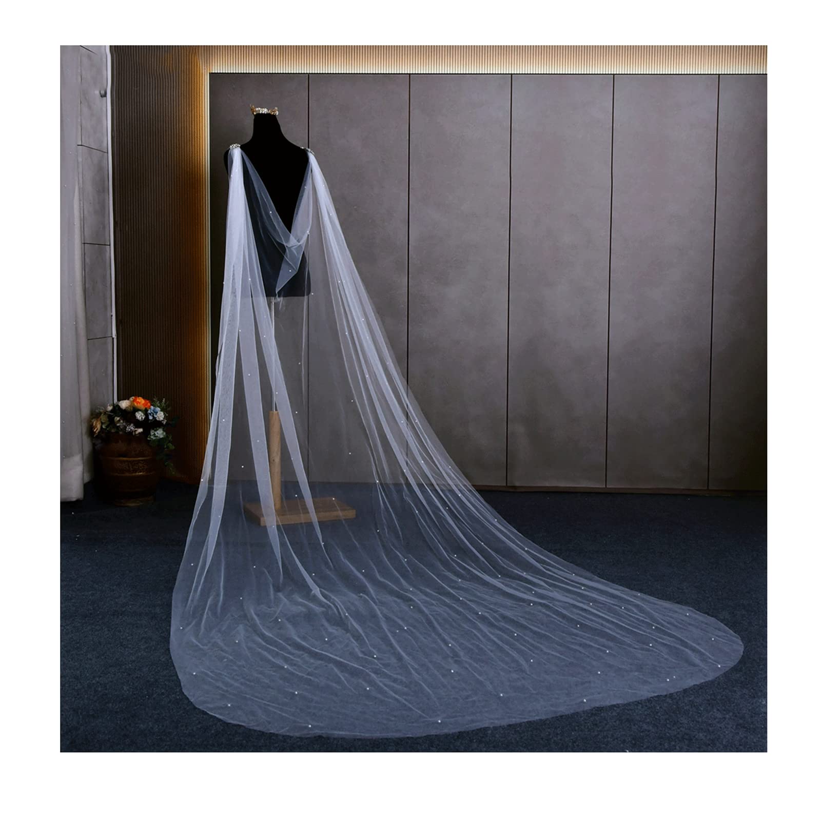 Long voiles de mariée drapé traînant DOUKI cape voile avec perles de mariage