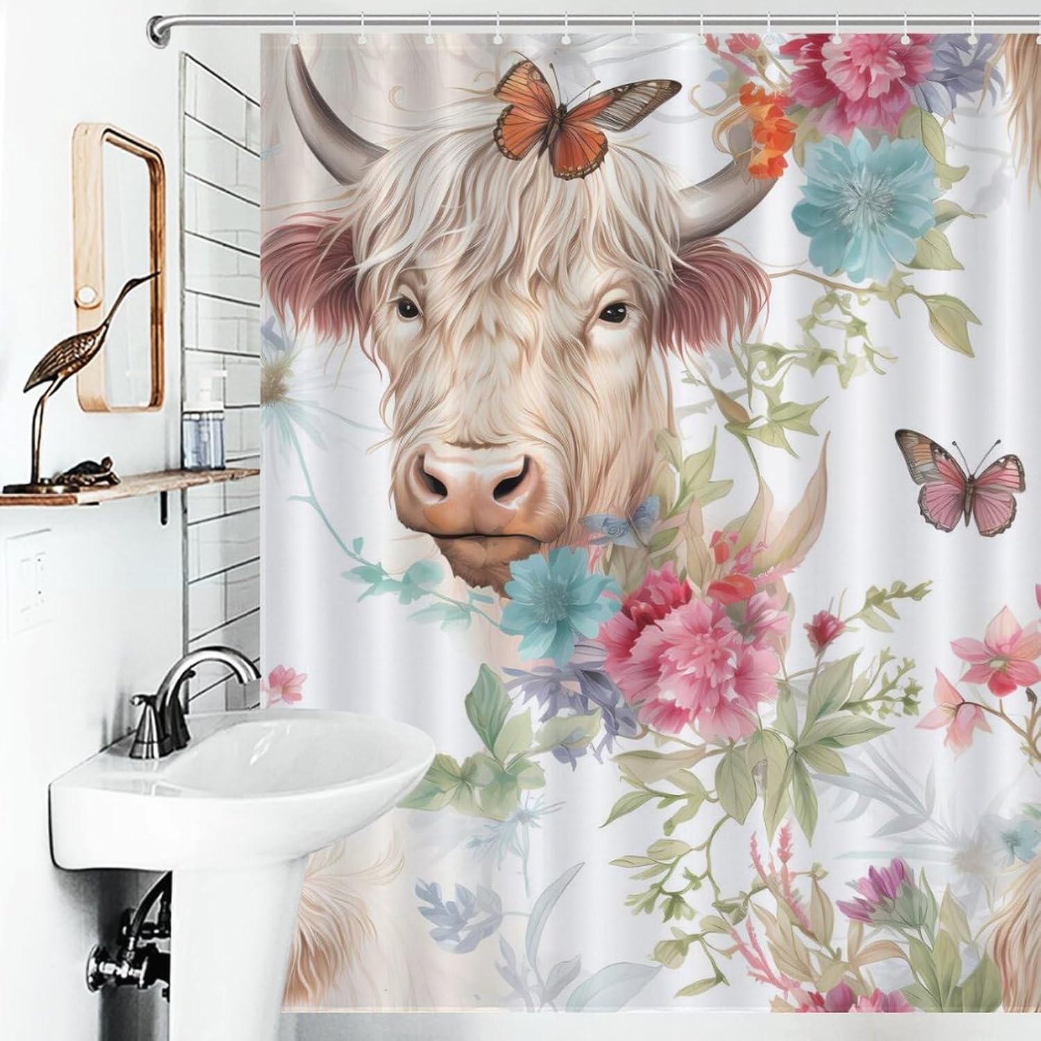 Highland Cow Flower Butterfly Funny Shower Curtains Washable Bath Curtain Liner with Hooks for Bathroom Bath Tubs