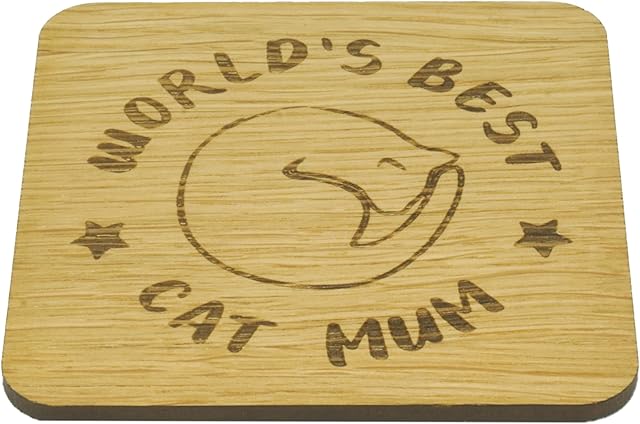 Worlds Best Cat Mum Oak Veneer Coaster. Cute Kitty Coaster. Gift for Her. Cat Mum Present. 9.7cm x 9.7cm Drinks Mat (Cat Mum)