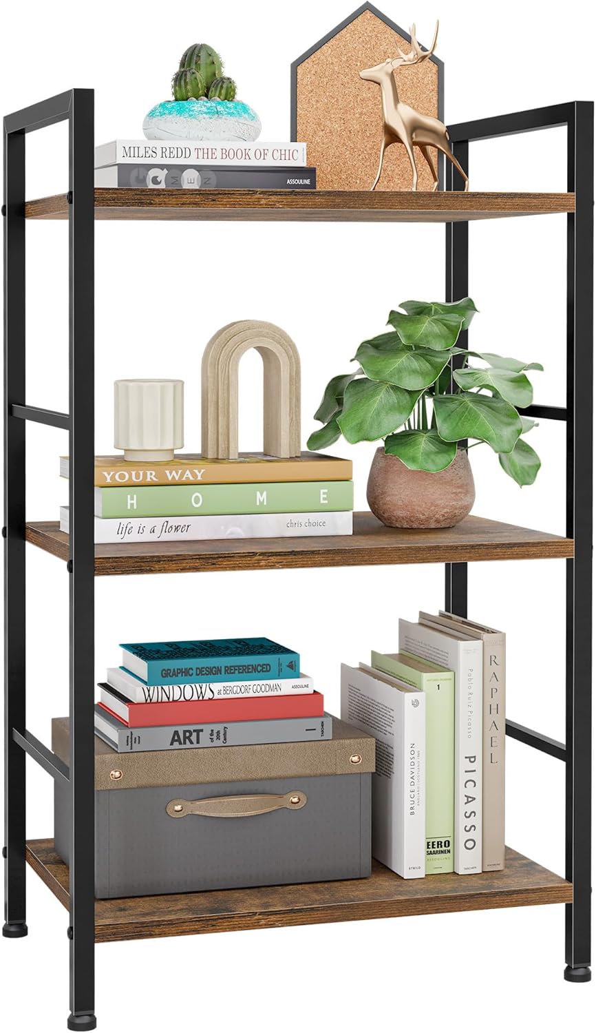 Kitsure 3-Tier Book Shelf - Wood & Metal Bookshelf with Handle & Adjustable Feet, Lightweight Bookcase for Living Room, Bedroom, Kitchen, Office or Dorm (16.5"×11.0"×28.1") Brown 16.5"×11.0"×28.1"