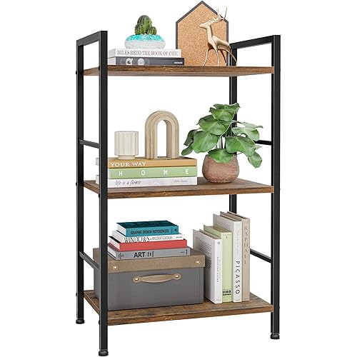 Kitsure 3-Tier Book Shelf - Wood & Metal Bookshelf with Handle & Adjustable Feet, Lightweight Bookcase for Living Room, Bedroom, Kitchen, Office or Dorm (16.5"×11.0"×28.1")