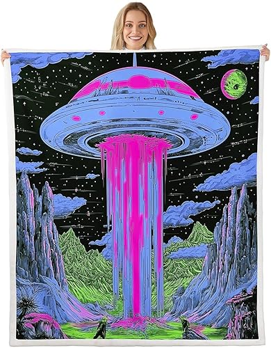 Miniatura 17 de Manta de franela de alienígena, misteriosa nave espacial estrellada con purpurina y planetas de cielo para decoración de habitaciones, manta