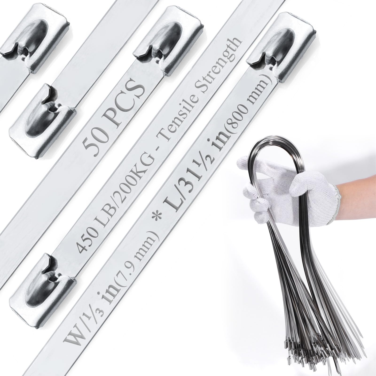 Metal Cable Ties(50Pcs), 32" (800mm) 304 Stainless Steel Zip Ties, 450LB Heavy Duty (2X Stronger) W/0.31" (7.9mm)., Heat Resistant for Exhaust Wrap/Fencing/Pipes/Auto Repair, Replace Metal Wires. — image 1