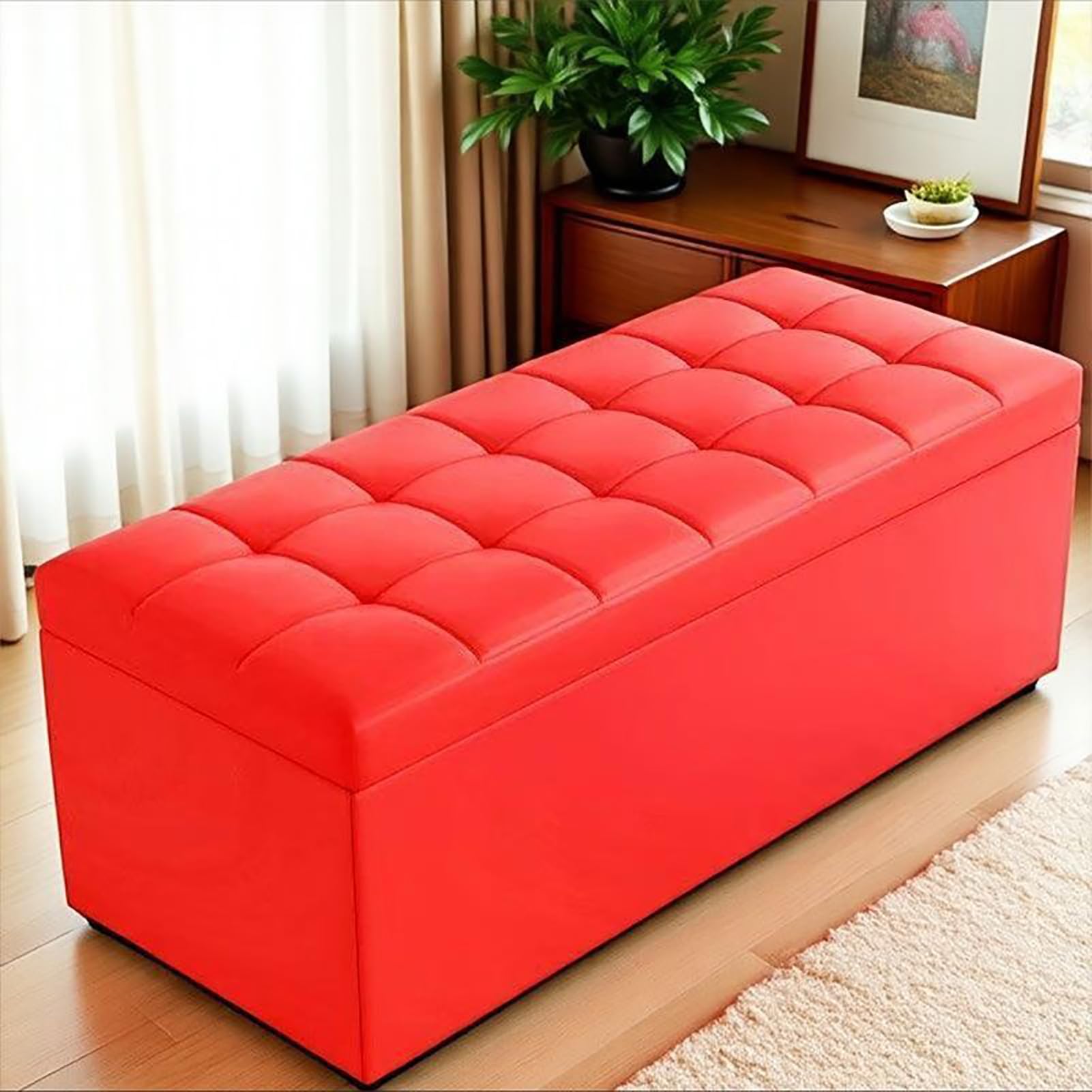 KLGFBDC Tufted Faux Leather Storage Ottoman Bench 660 Lbs Capacity Stylish End of Bed Seat for Bedroom Living Room Footrest Entryway Shoe Organizer 47x16x16in Red