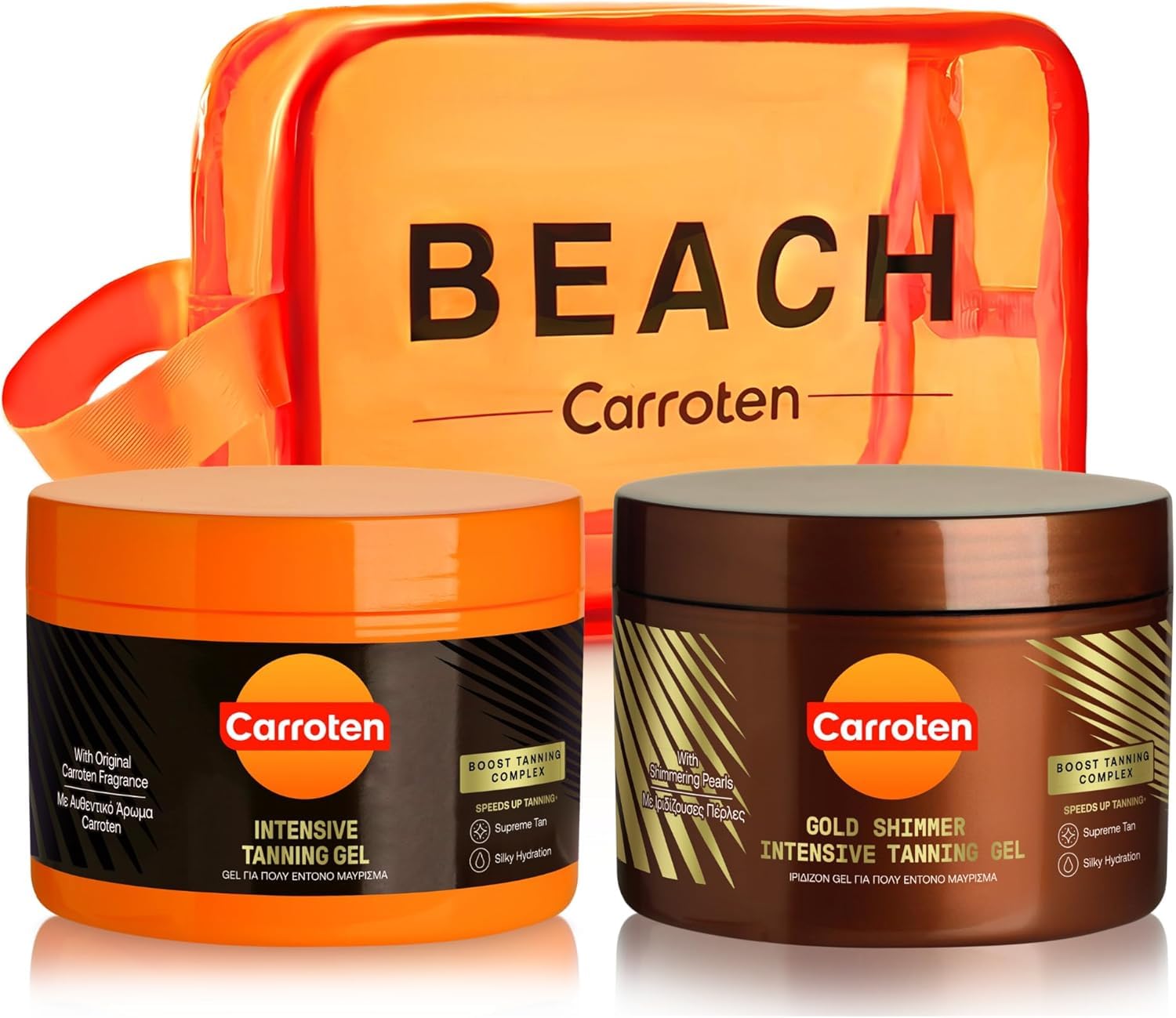 Carroten Pack de 2 Aceleradores del Bronceado - Set con Gold Tanning Gel 150 ml y Intensive Tanning Gel 150 ml - Potenciador del Bronceado para un Bronceado Rápido e Intenso - Incluye Neceser Práctico