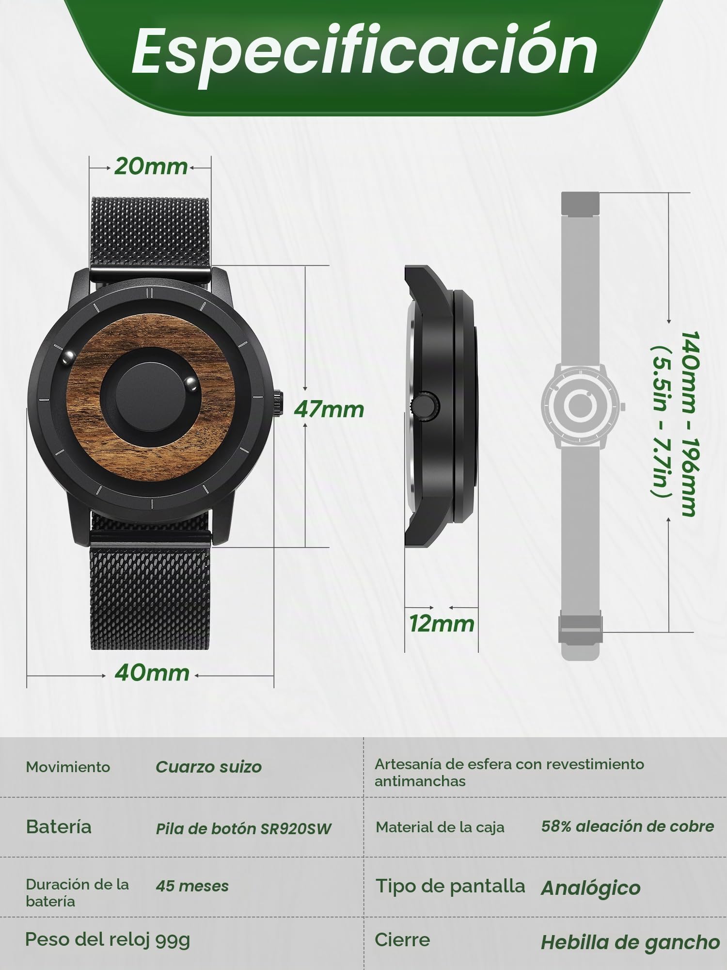 EUTOUR Reloj de Madera para Hombre Magnetico Cuarzo Sin Vidrio Rodamiento de Bolas Relojes de Pulsera para Hombres con Correa de Acero Inoxidable Negro