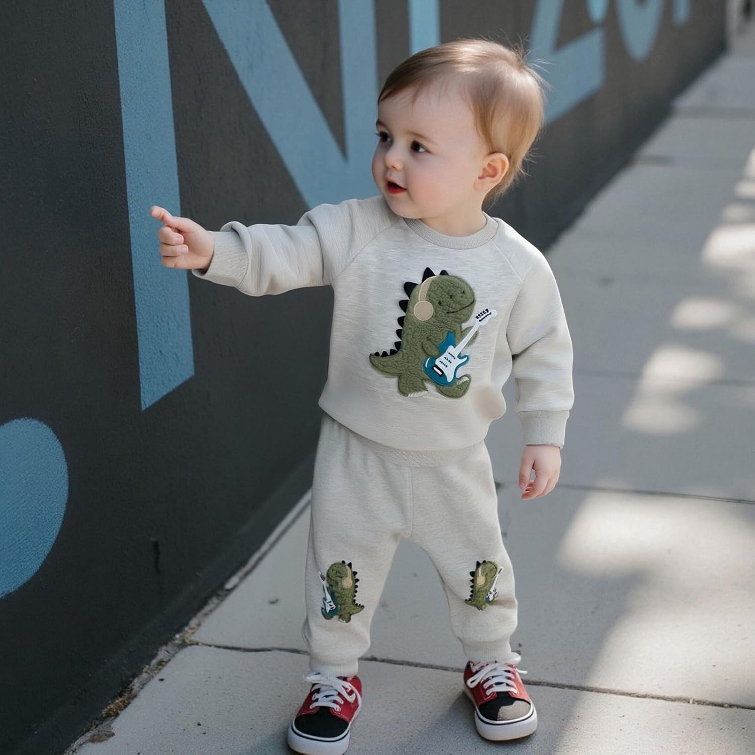 WZTYYDS Toddler Boy Fall Clothes Dinosaur Guitar Embroidery Long Sleeve Pullover Sweatshirt Pants Sets 2Pcs Winter Outfit - Image 2