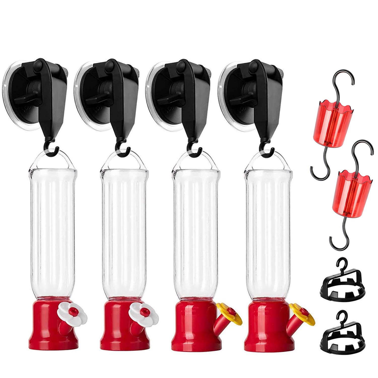 Hummingbird Feeder with 4 Window Mount Suction Cup Accessories, 2 Connectors and 2 Hooks, 4Pack Mini Hanging Flower Bird Feeders for Outdoors, 2.2 oz/Pc