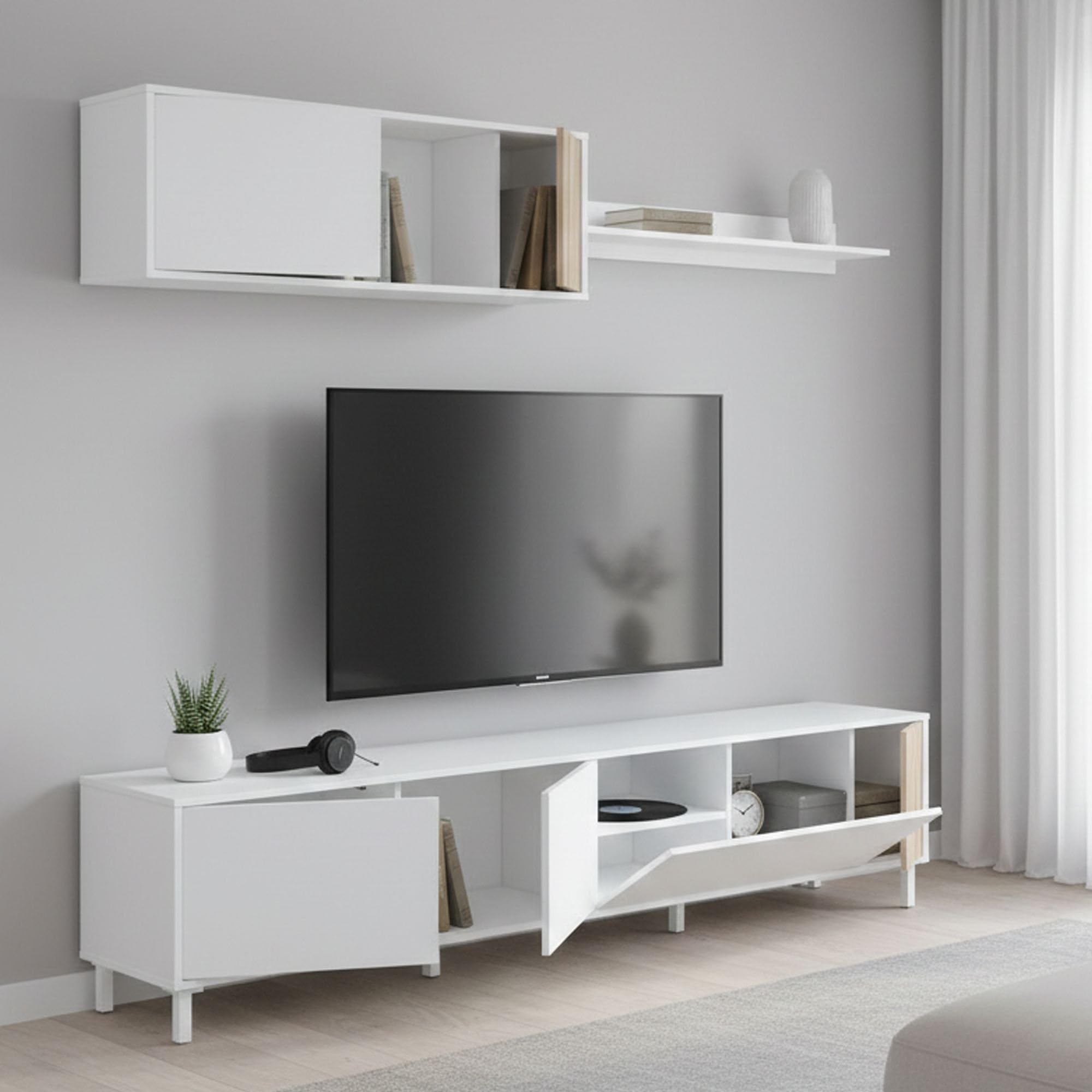 Dmora Parete Attrezzata Woonsocket 40x200x45h cm Bianco 6 Ripiani 9 Vani, 5 Ante