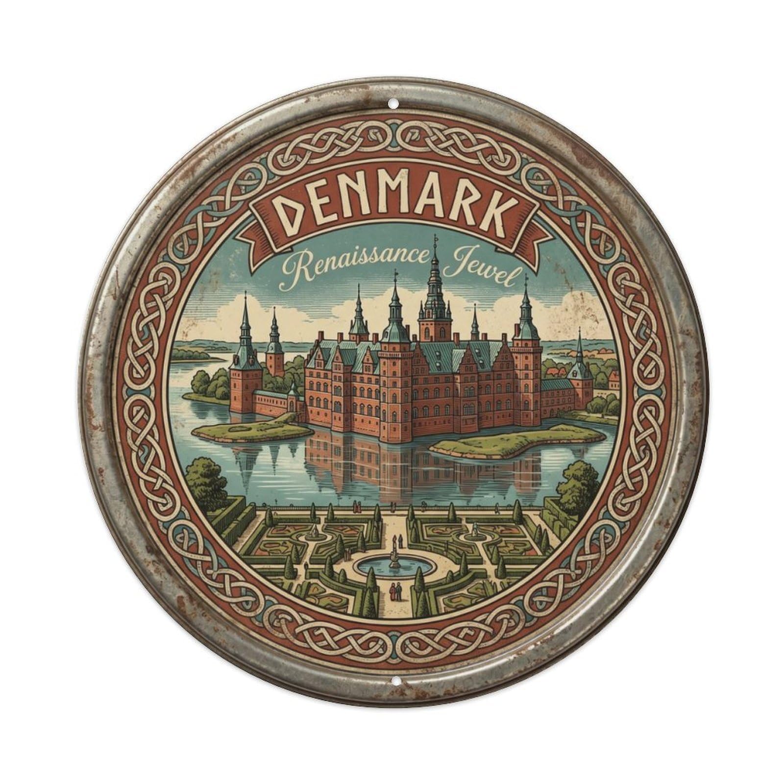 Vintage Travel Frederiksborg Danish Renaissance Metal Tin Sign Plaque Wall Decor for Cafe, Club, Garden Round Metal Poster 8x8Inch