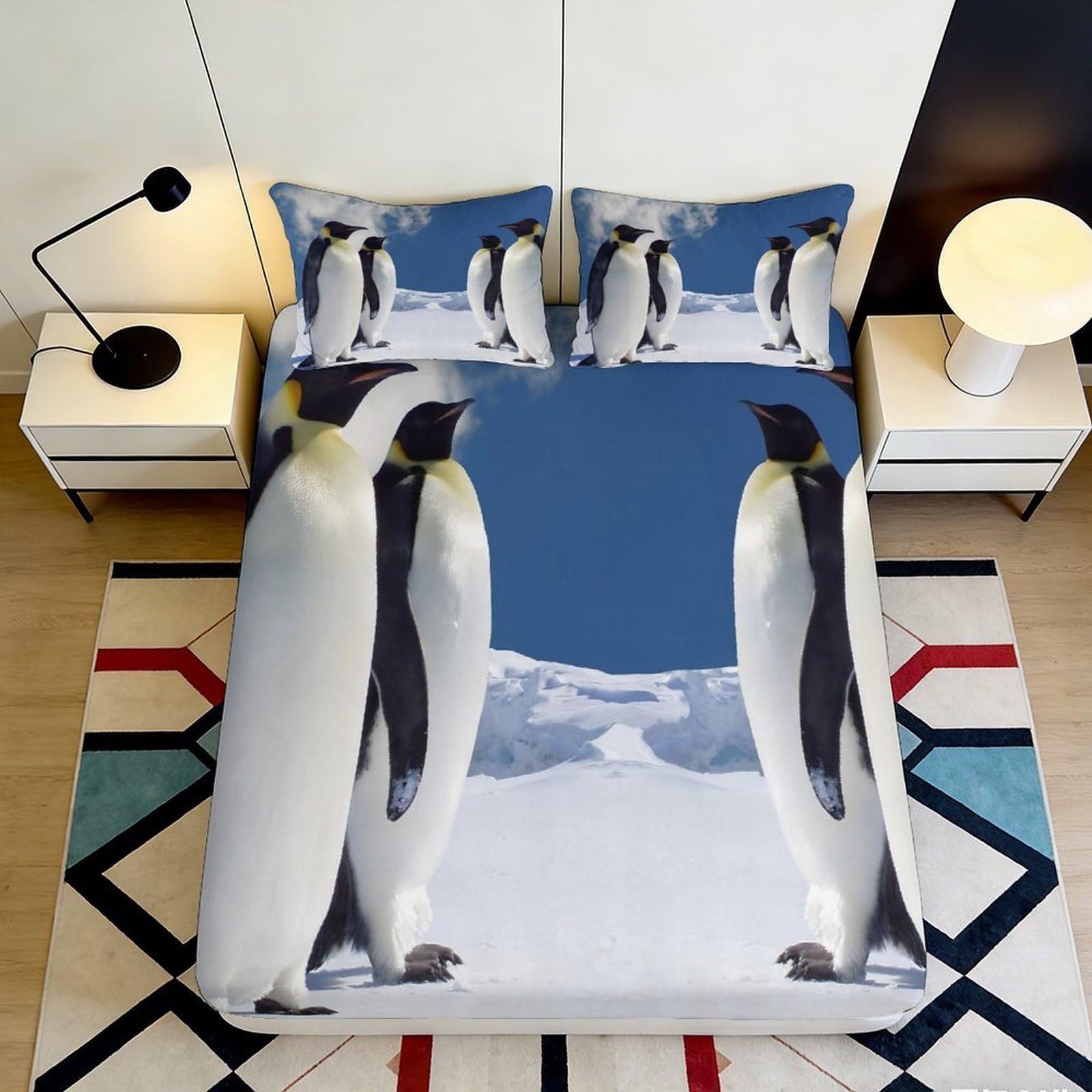 3D Printed Emperor Penguin Snow Fitted Sheet Microfiber Soft Anti-Slip Mattress Cover for Bedroom Guest Room Décor 90x200x25cm