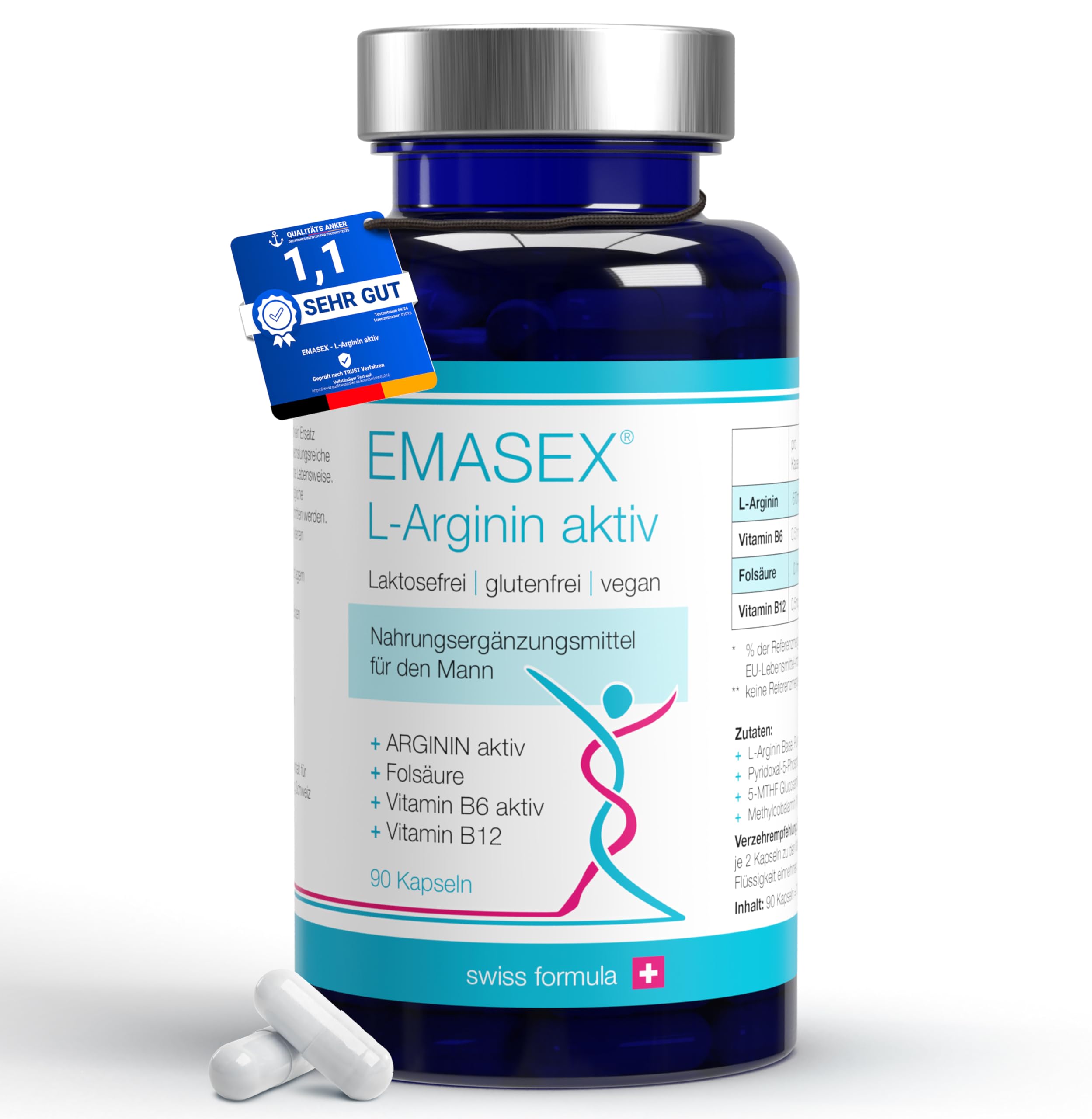 EMASEX L-Arginin bioaktiv 2680mg - Hochdosiert mit B6, B12 & Folsäure - Swiss Formula für Männer - Vegan, Durchblutung & Vitalität - 90 Kapseln