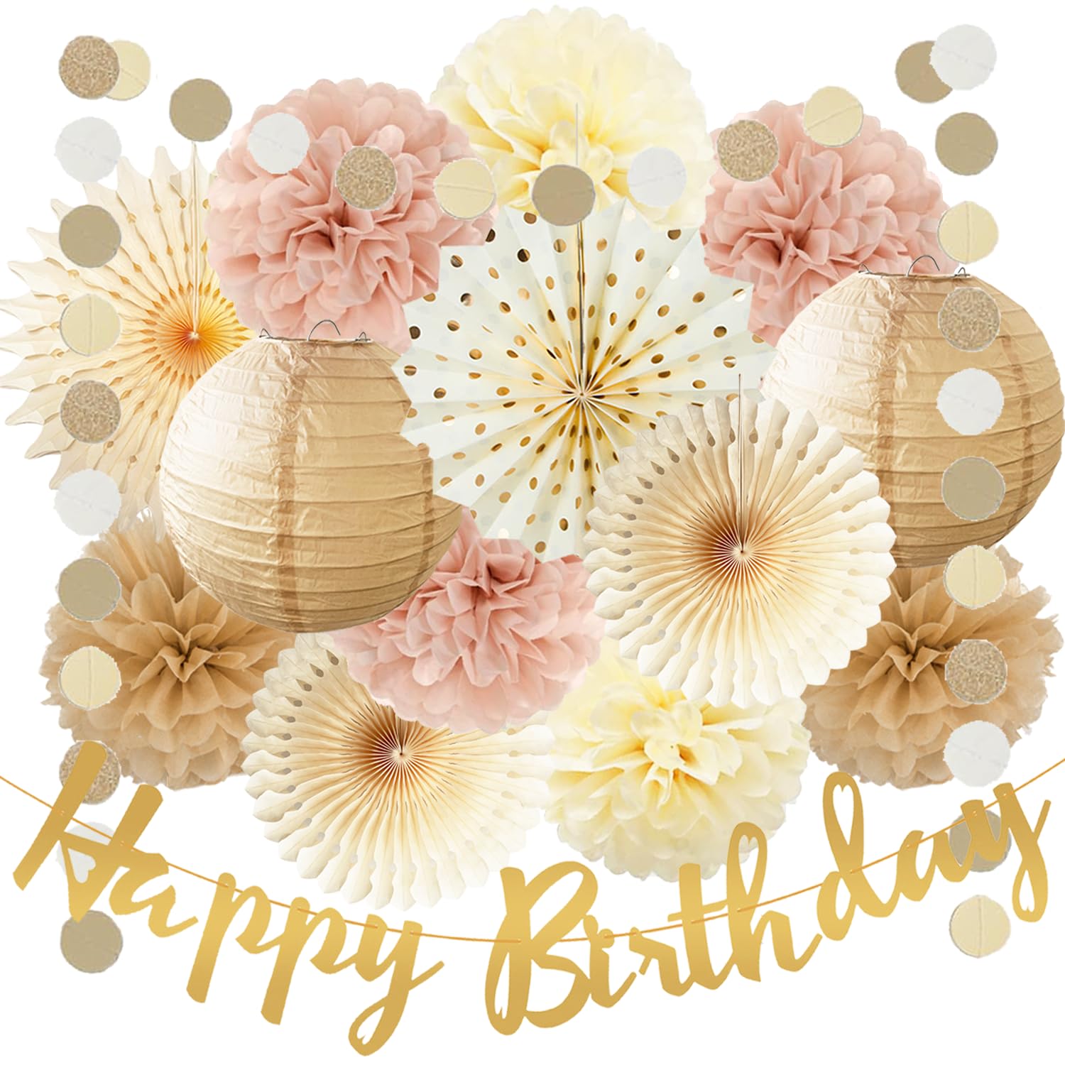 Champagne Gold Beige Birthday Decorations for Women Girls Dusty Pink Boho Party Decoration Beige Tissue Pom Poms Paper Fans Lanterns Baby Shower Fall Boho Birthday Party Decoration