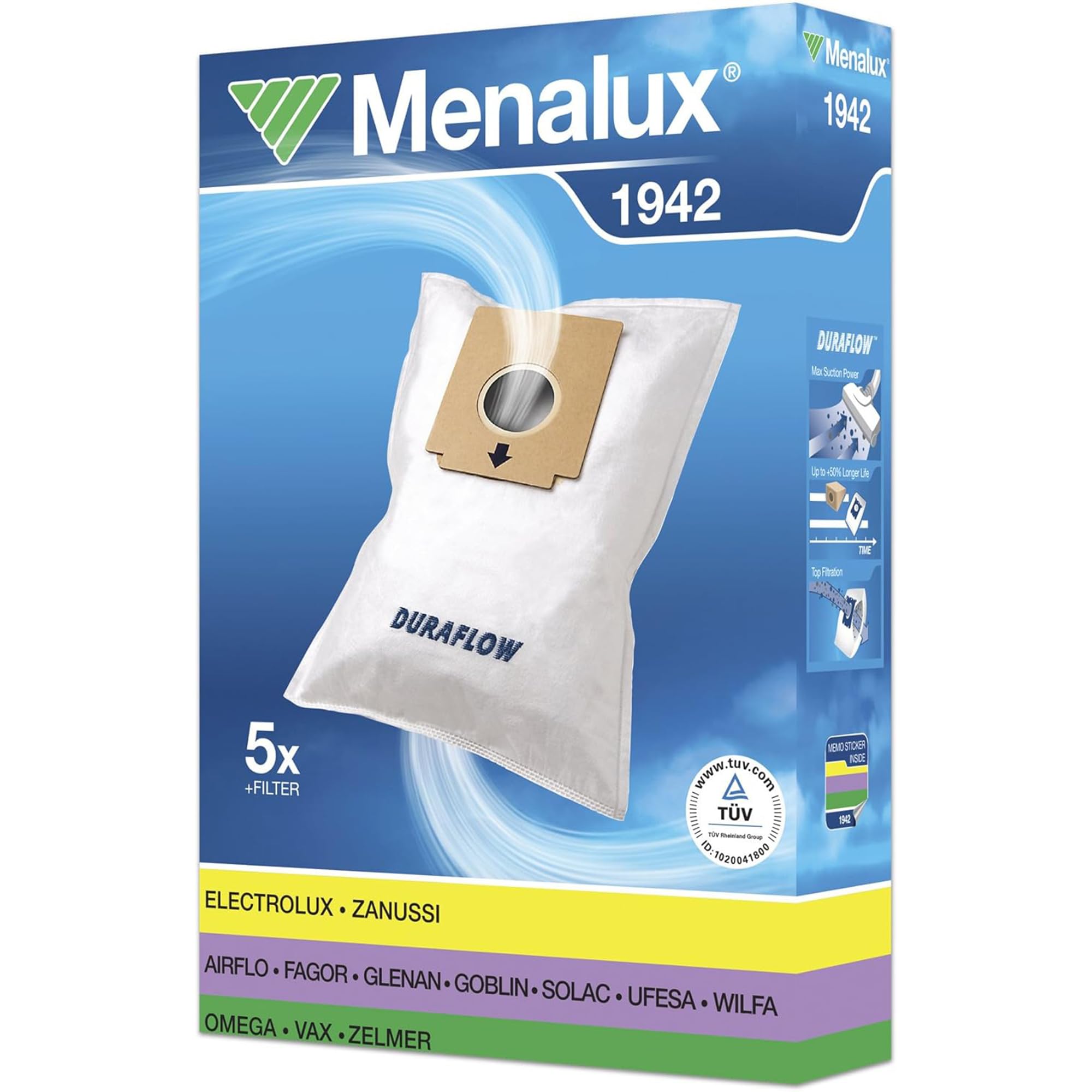 2 Packs of 5 Genuine Zanussi Vacuum Cleaner Bags Menalux 1942  9001670778x2