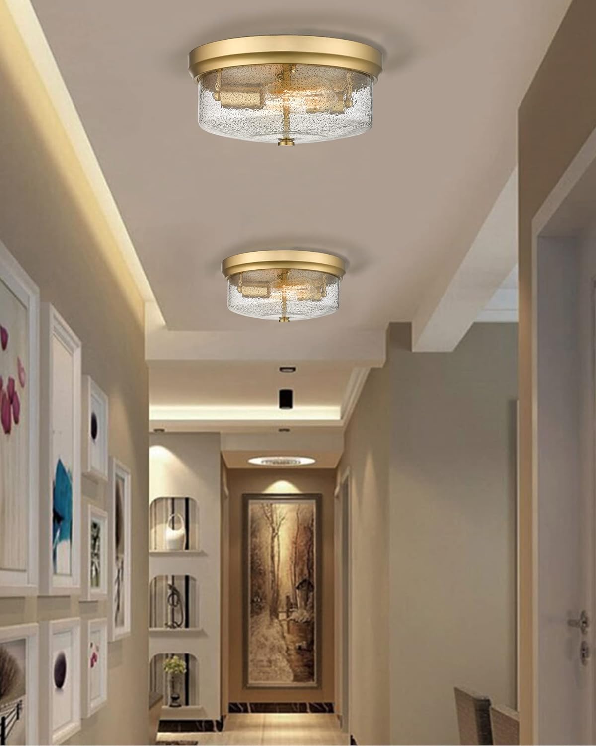 Gold Close to Ceiling Light Fixtures, 12 inch Flush Mount Hallway Light Fixture Gold Finish with Seeded Glass Shade Bedroom Ceiling Lights for Dining Room Kitchen Laundry Bathroom