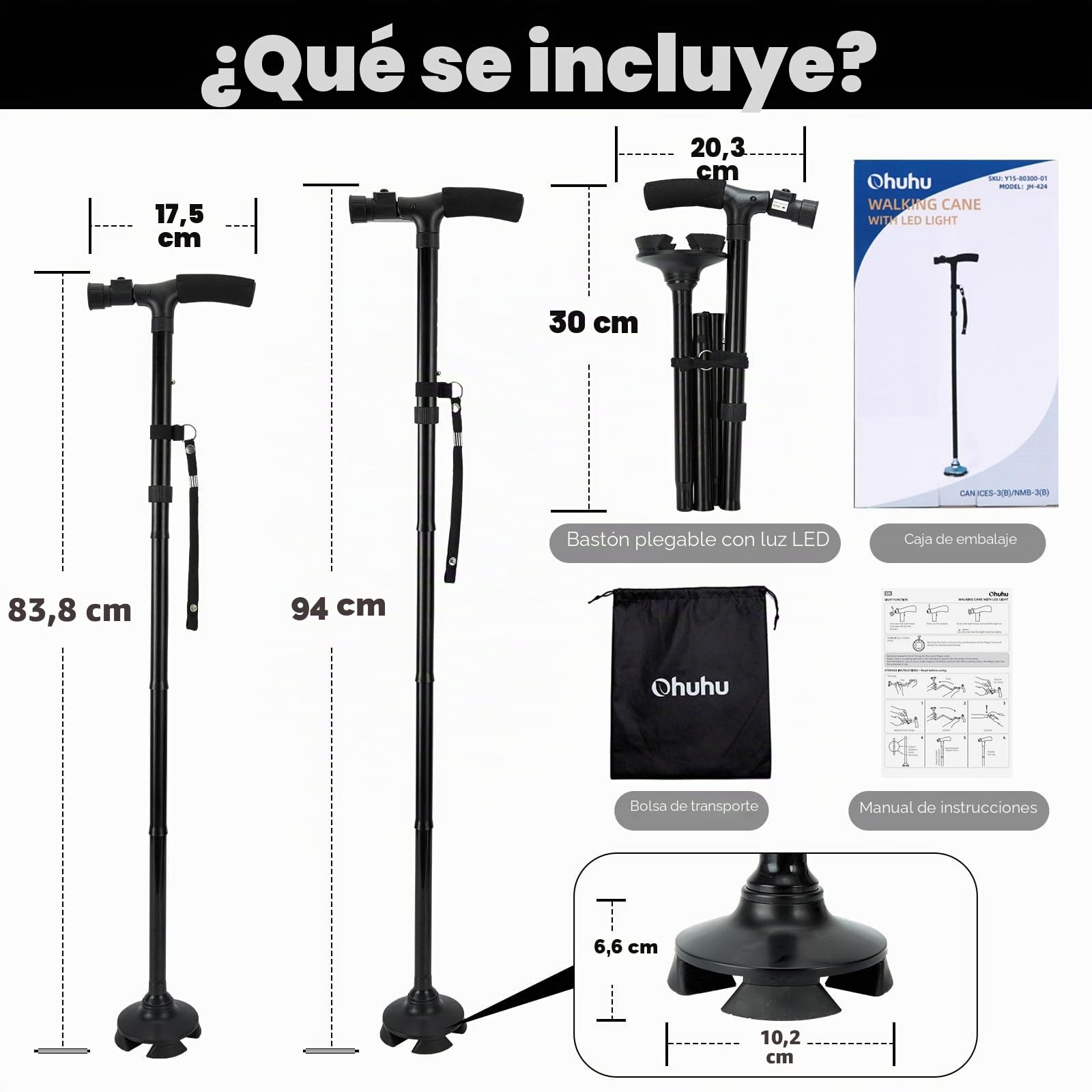 Bastón Plegable con luz LED, Ohuhu Bastones para Mayores Hombr Ajustable en Altura Ligero Palo Plegable Bastón no Deslizamiento con mango en T y base pivotante, Unisex Adulto