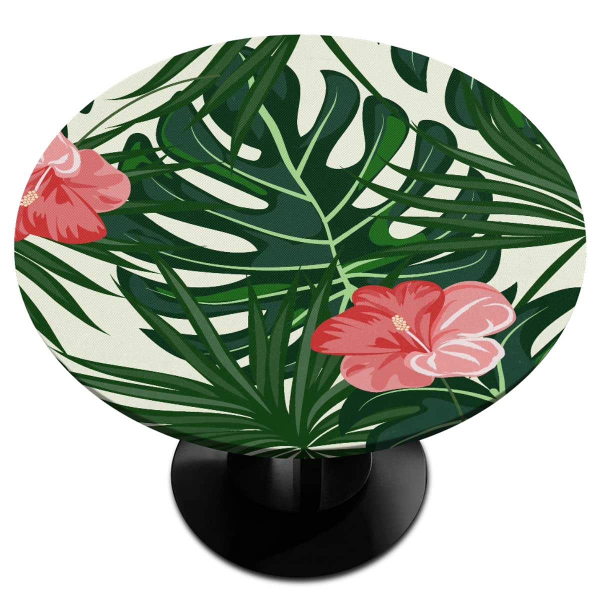 lakefvgk Elastic Edge Vinyl Fitted Tablecloth Design Heavy Duty Tropical Flower Leaves Pattern Table Cover Waterproof Oil-Proof PVC Cloth Stain-Resistant Wipeable for Round 36-42inch Diameter