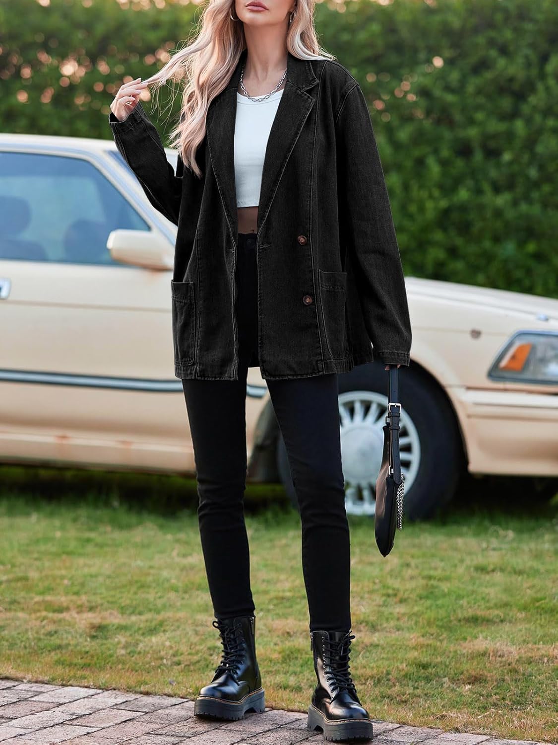 Tankaneo Womens Oversized Denim Jacket Casual Button Up Blazer Notched Lapel Jean Shacket Coat - Image 3