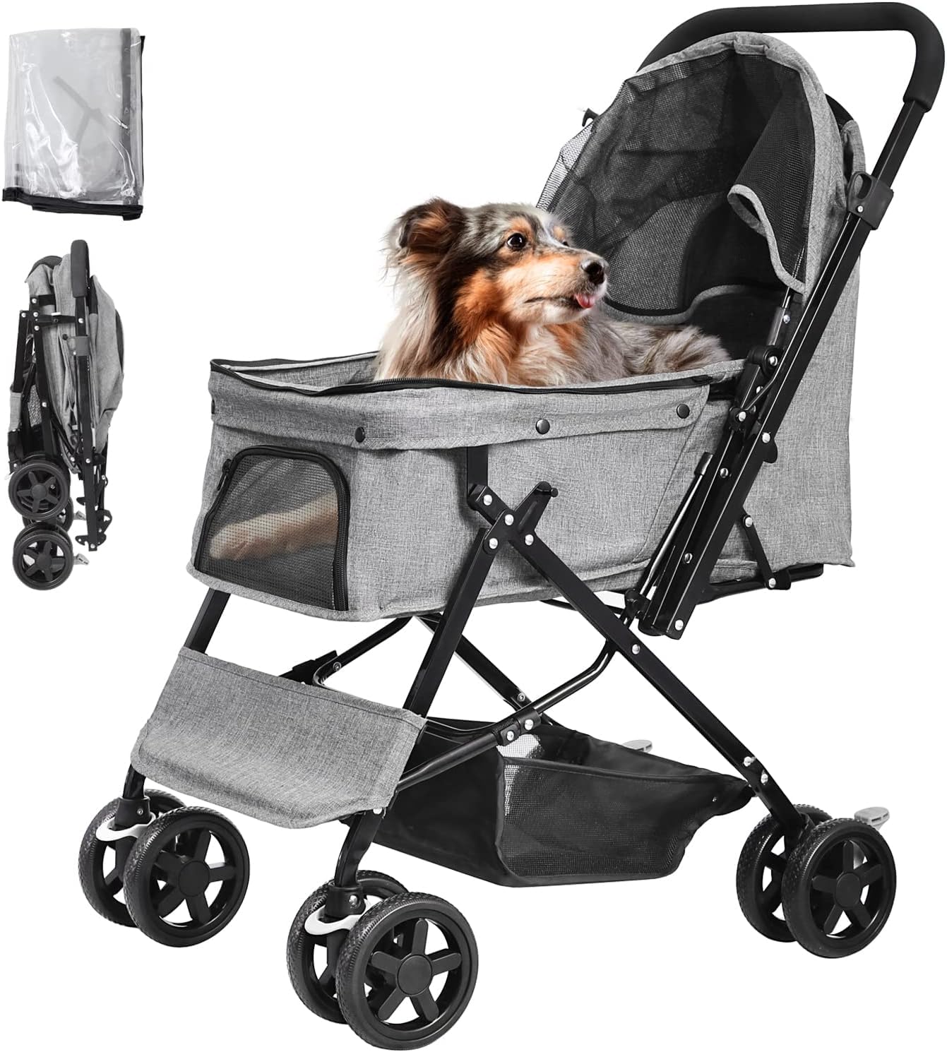 LPOTIUS Carrito para Perros, Cochecito para Mascotas Plegable 20 Kg Pet Travel Stroller Carrito para Perros y Gatos, Mascota Carrito de Viaje con cubierta para la lluvia, Gris