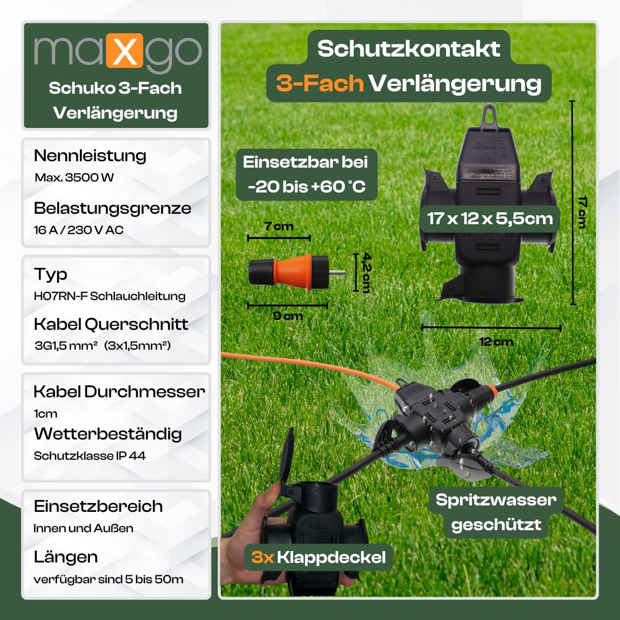 maxgo Verlängerungskabel 15m Außen 3Fach Verteiler Stromkabel Außenbereich Schuko Verlängerung 15 Meter Outdoor Kabel Steckdosenleiste 3-Fach Mehrfachstecker Multisteckdose H07RN-F 3x1,5