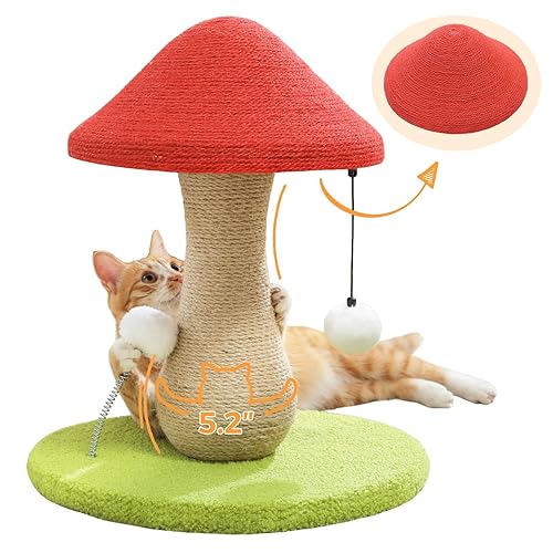 PETEPELA Mushroom Cat Scratching Post, Cat Scratcher Cute with 100% Sisal Covered Scratching Post & Pompoms Toy, Mushroom Cat Post for Indoor Cats