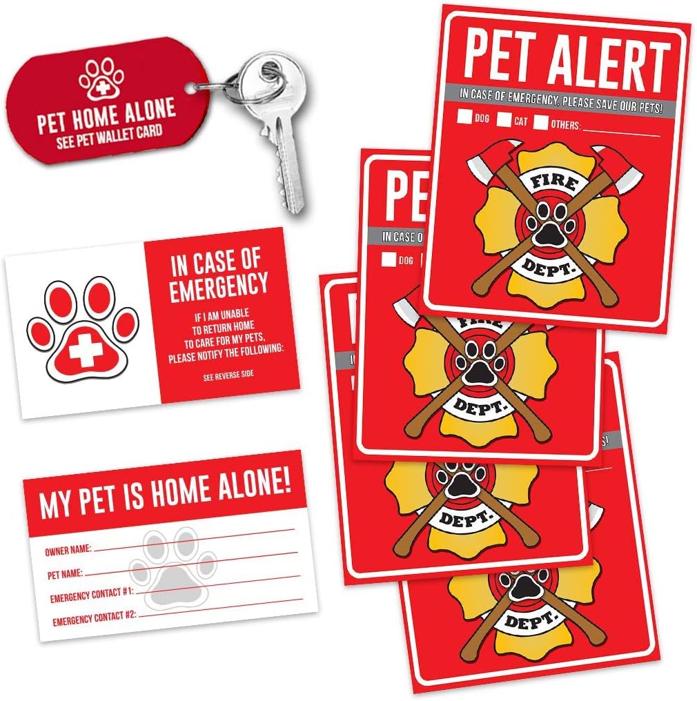 Pet Alert Fire Rescue Sticker - (4) 5" x 4" Window Door Decal - (2) Animal Care Wallet Cards - (1) Pet Home Alone Key Tag - in Case of Emergency Sign Kit - Safety Save Our Cat Dog Inside Accessories