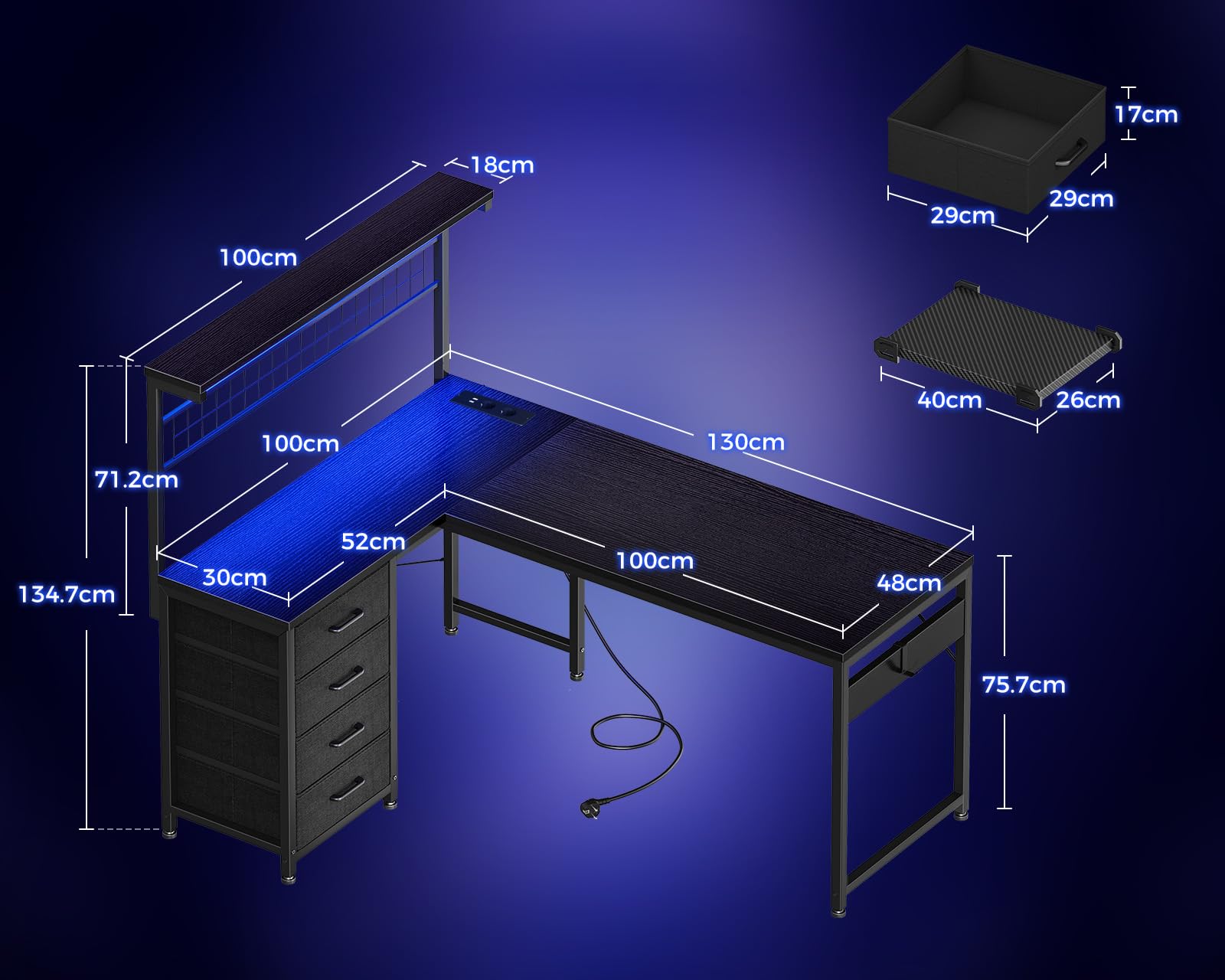 Coleshome Gaming Tisch mit LED, 130 × 100 cm Reversibler Gaming Schreibtisch mit Schubladen & Steckdosen, Eckschreibtisch mit Ablagefach & Stauraum, Schwarz