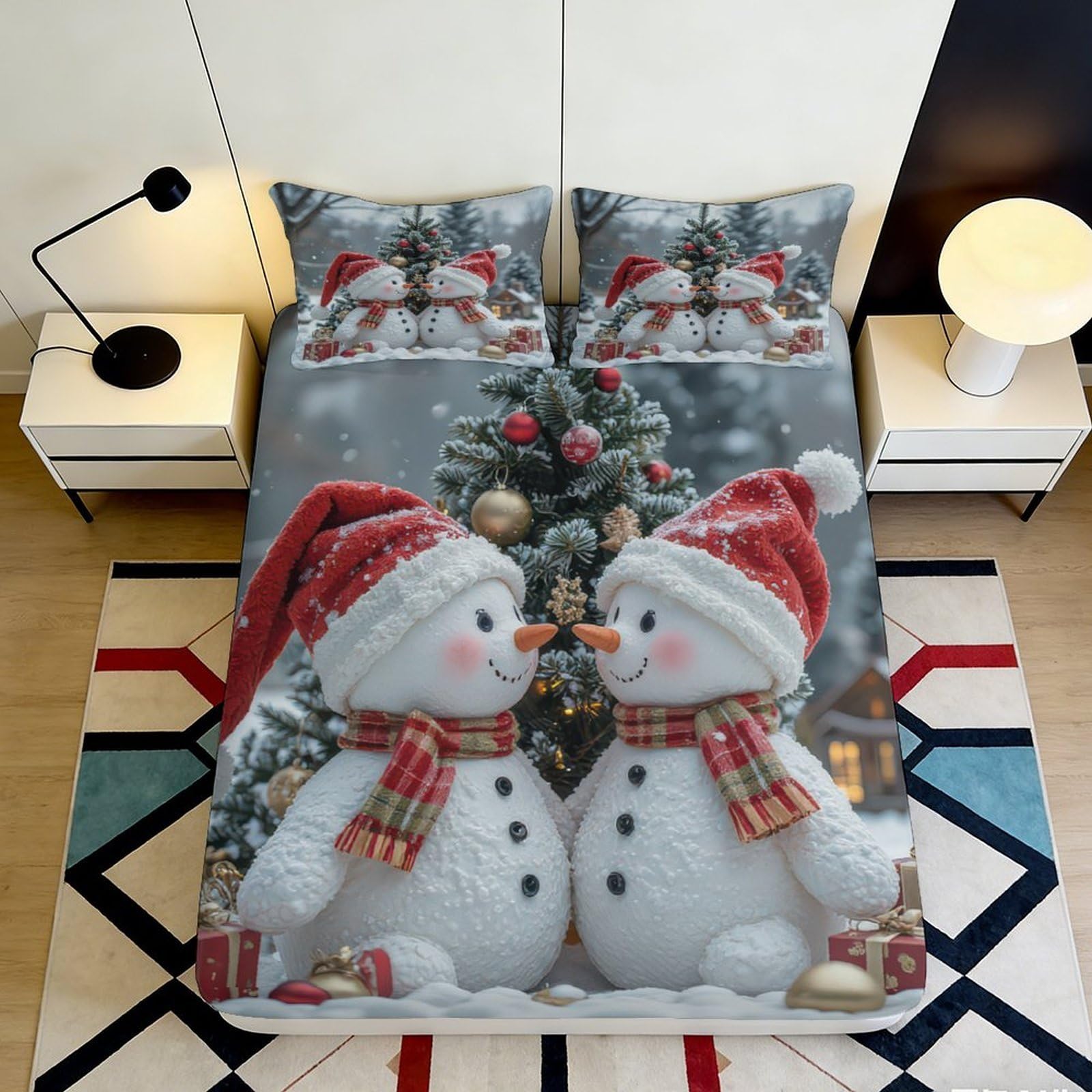 3D Printed Snowman Christmas Tree Fitted Sheet Microfiber Soft Slip-Resistant Bed Cover for Bedroom Guest Room Decor 140x200x25cm