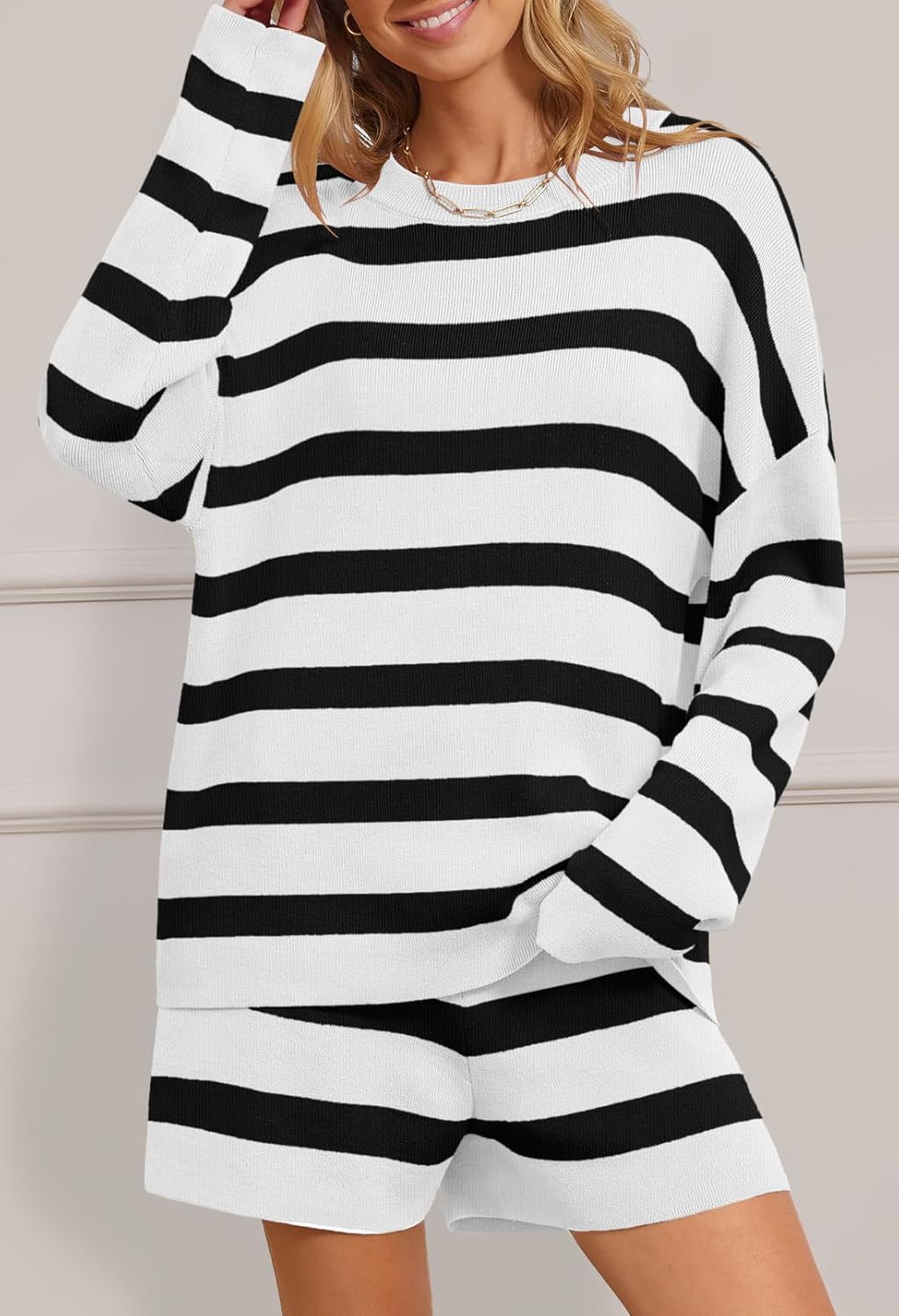 MEROKEETY Women's 2 Piece Sweater Lounge Sets Striped Long Sleeve Shorts Oversized Matching Outfits - Image 2