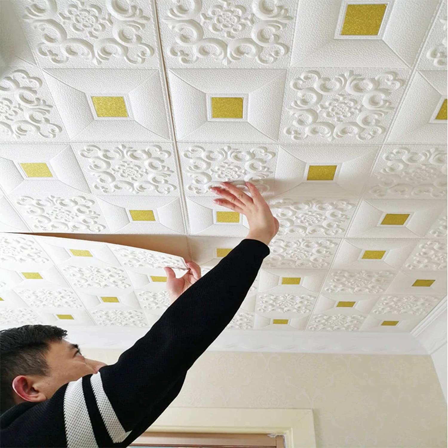 Foam 3D Ceiling Wallpaper for Living Room, Bedroom, Hall, Home Wall Tiles Panel, False roof Ceiling self-Adhesive Stickers (70 x 70 cm) (1 pc, WhiteGold)