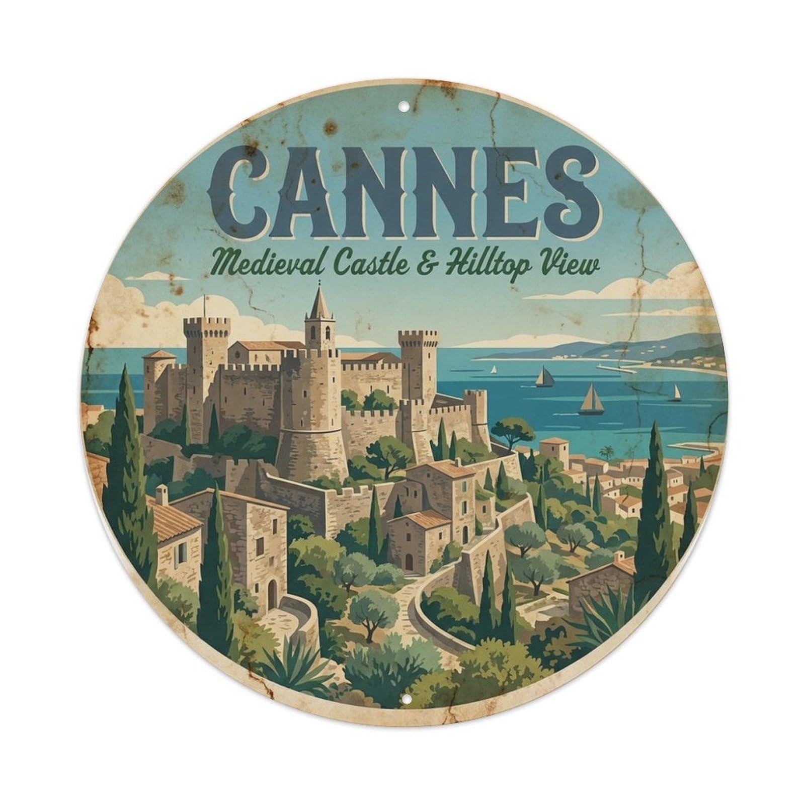 Cannes Riviera Medieval Castle Hilltop View City Travel Metal Tin Sign