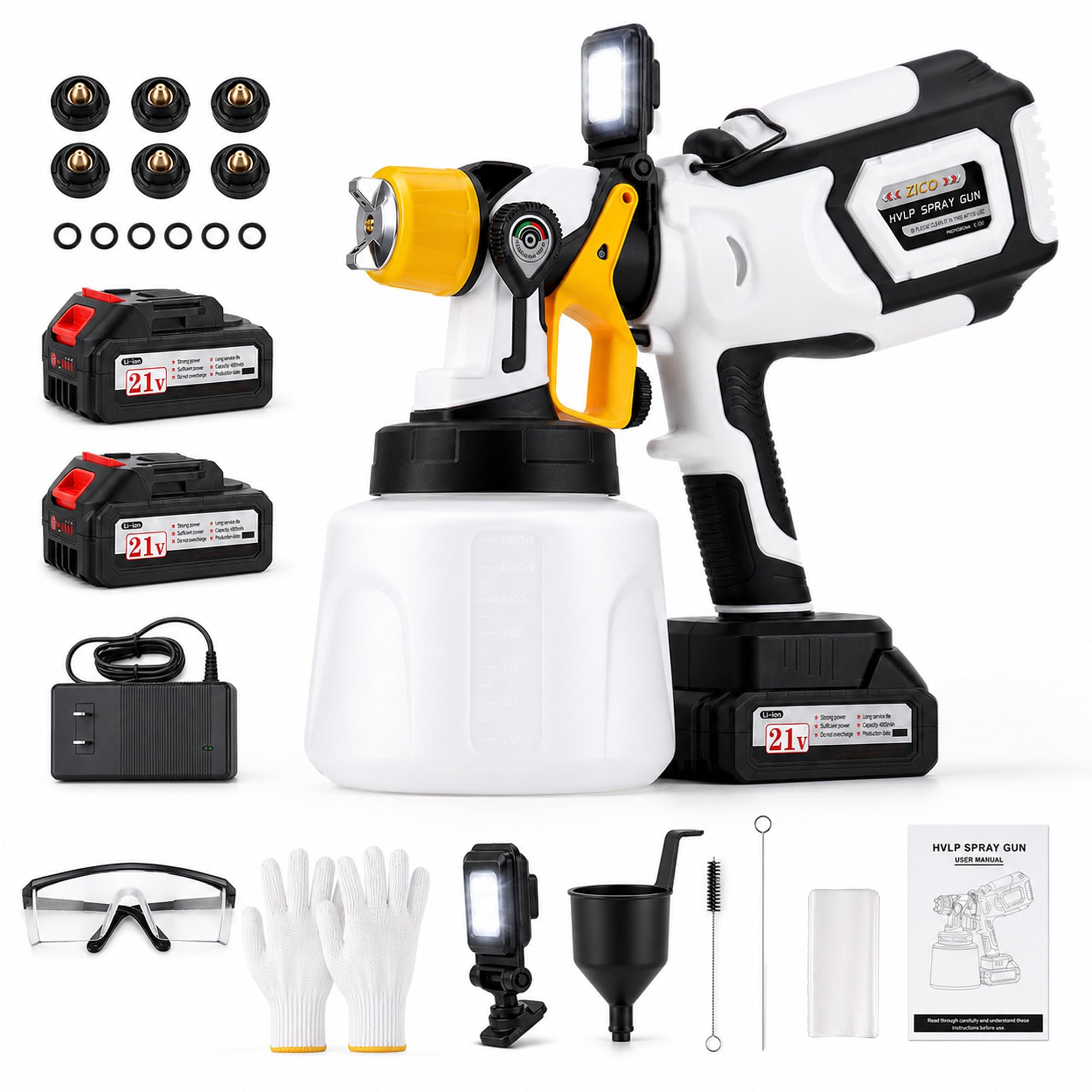 ZICO Cordless Electric Paint Sprayer, 1000W Power Motor with 1400ML Container, LED,2×4000mAh Batteries,6 Brass Nozzles,3 Patterns,for Fences, Sheds, Cabinet, Walls,Ceilings