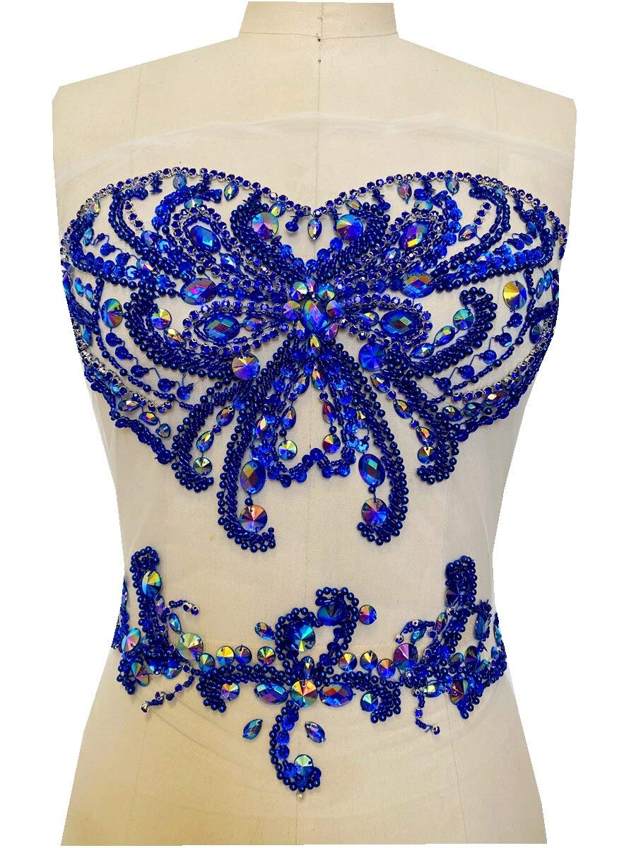 ZbrohHand Made Rhinestone Patches Sew on Beads Applique Stones for Front Dress Accessory (Blue)