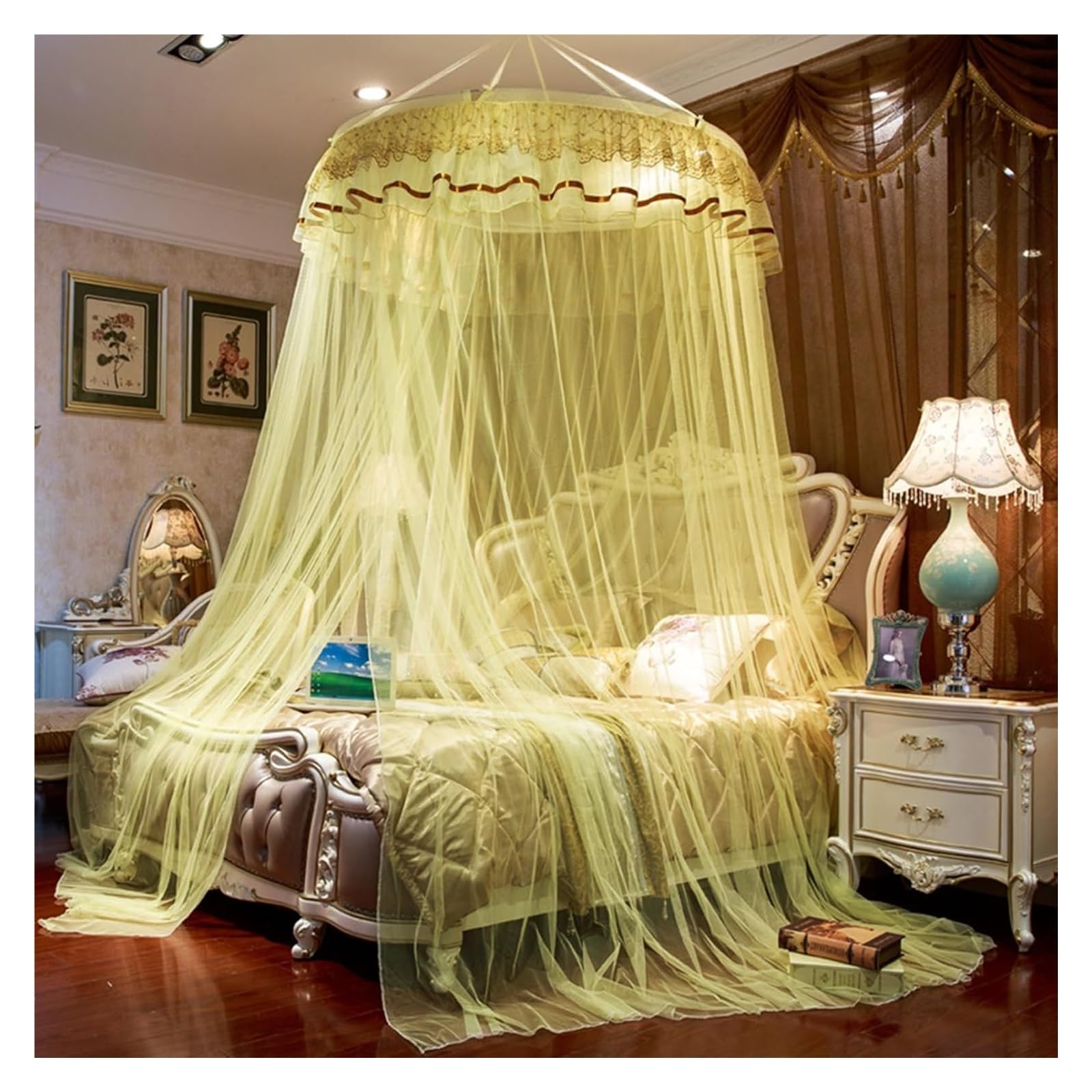 Ciel de lit princesse moustiquaire jaune pour lit double et simple