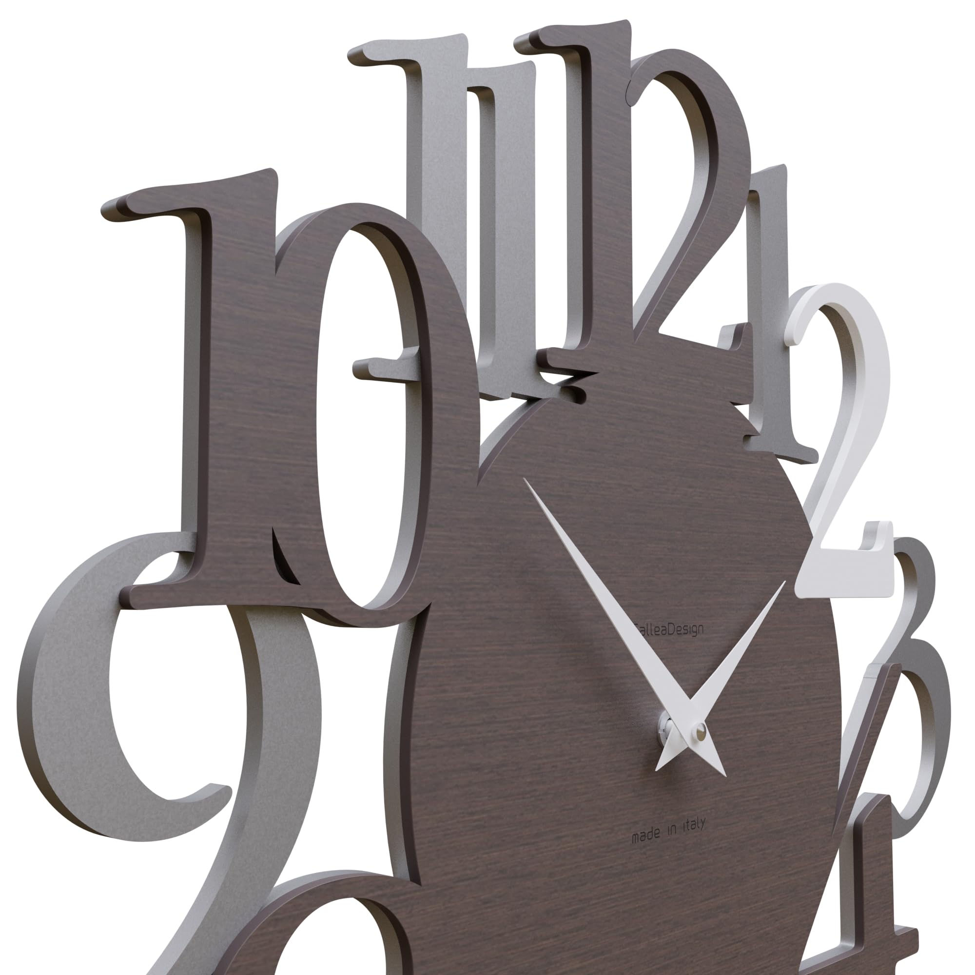 CalleaDesign Moderne Wanduhr Russell - Italienisches, große Ziffern, Dekoration für Heim und Büro, geräuschlos, Made in Italy [Aluminium, Weiß, Eiche Wenge].