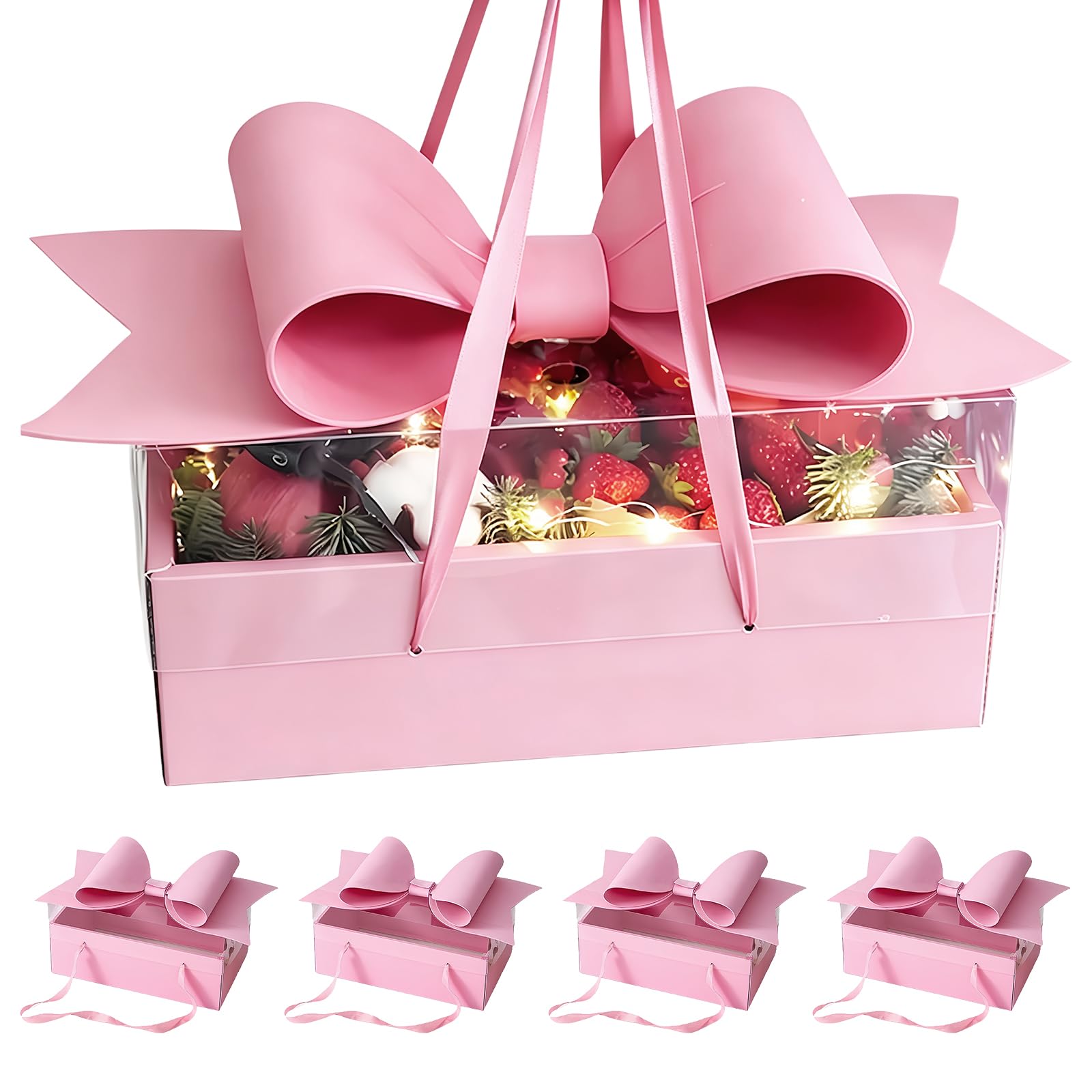 Large Gift Box, Floral Boxes with Big Bow, Lidded Gift Boxes, 35x21x16.5cm, Packaging Box for New Year Gifts, Birthdays, Holidays, Weddings, Valentine's Day (5-Pack) (Pink)