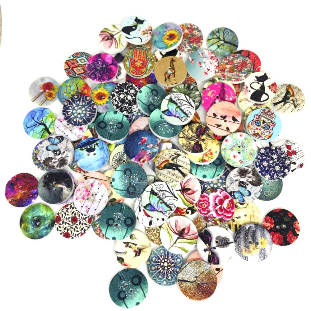 Lot De 100 Boutons En Bois Multicolores 20 Mm | Motifs Rétro, Floraux, Géométriques | Pour Couture, DIY, Décoration | Résine Lisse - 8