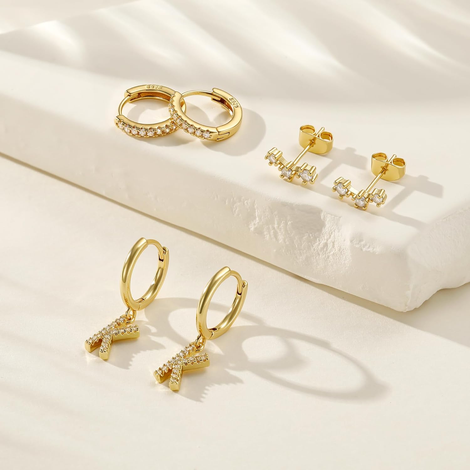 Gold Earrings for Women Girls - 3 Pairs Gold Huggie Hoop Earrings for Girls with Initial Dangle Cartilage Earrings Studs Hypoallergenic Earring Set for Multiple Piercing Gifts for Women Girl - Image 7