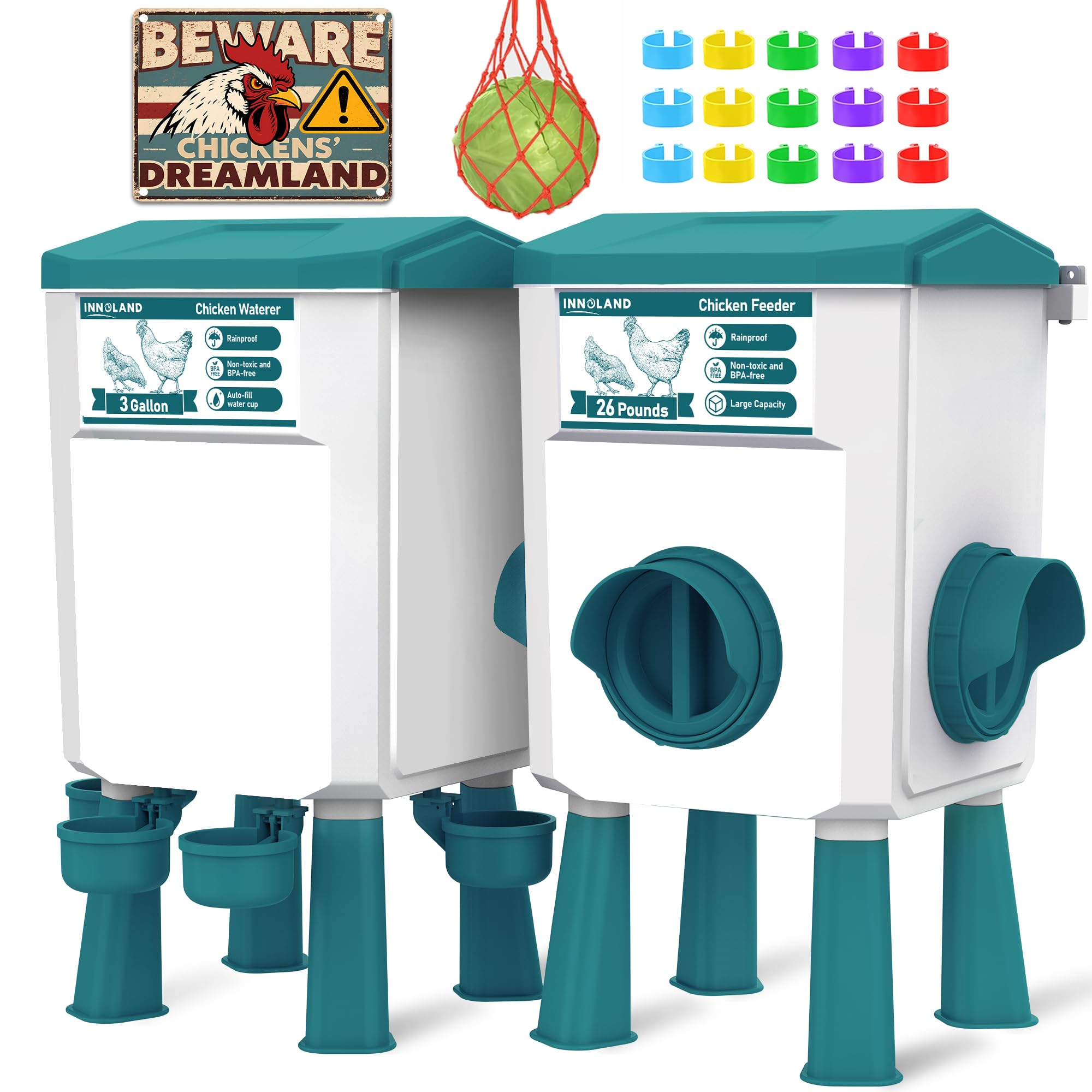 chicken feeder and waterer set - 3 gallon/26.5 pounds, automatic chicken waterer with 4 cups & 3 feeder ports, no waste poultry feeder & waterer, chicken coop accessories for hens/ducks/poultry