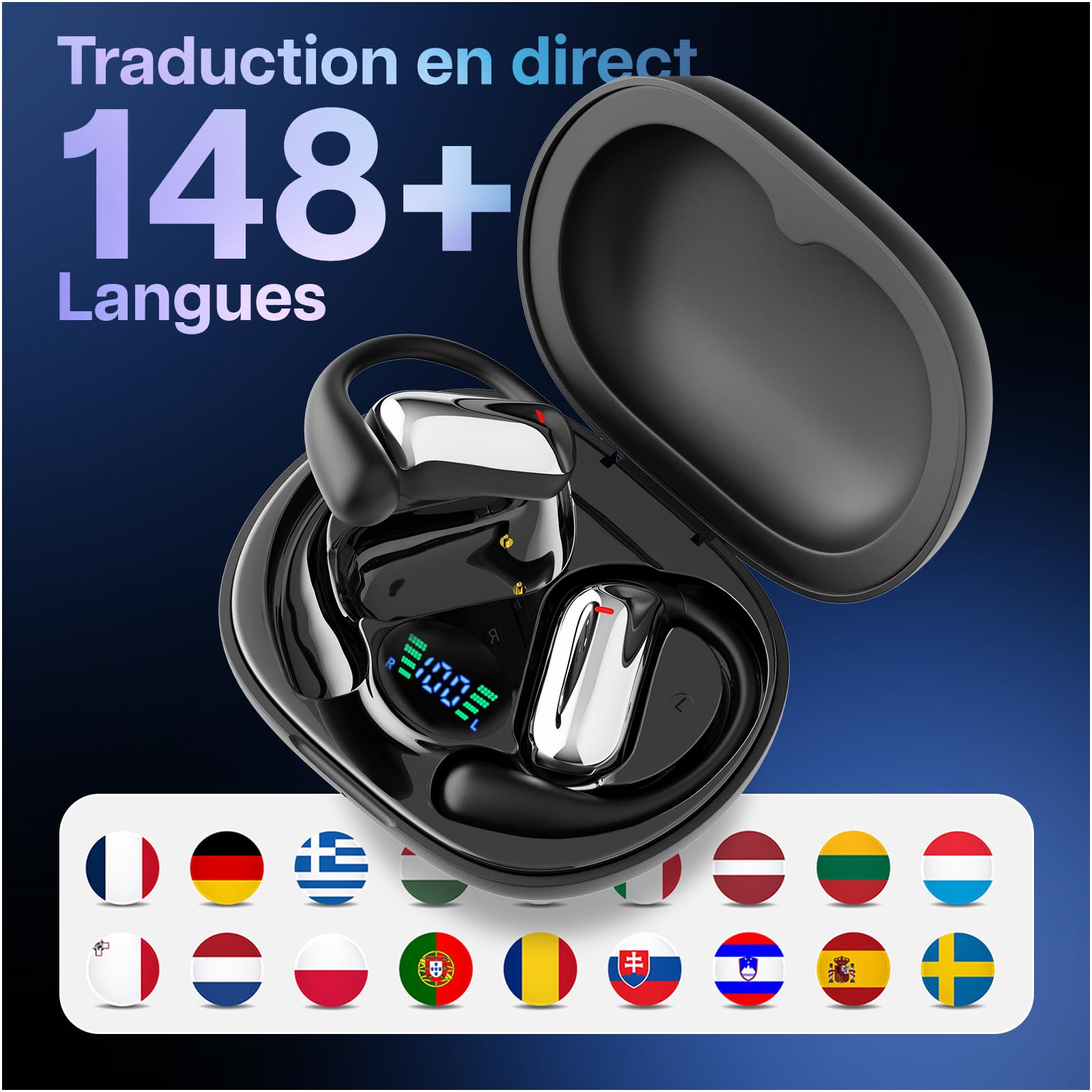 MMOBIEL Écouteurs Traducteurs IA Instantanés Traduction en Temps Réel 148 Langues, Bluetooth, Casque Open-Ear – 90 h Veille, 400 mAh – pour Musique, Appels, Traduction, Voyage & Travail