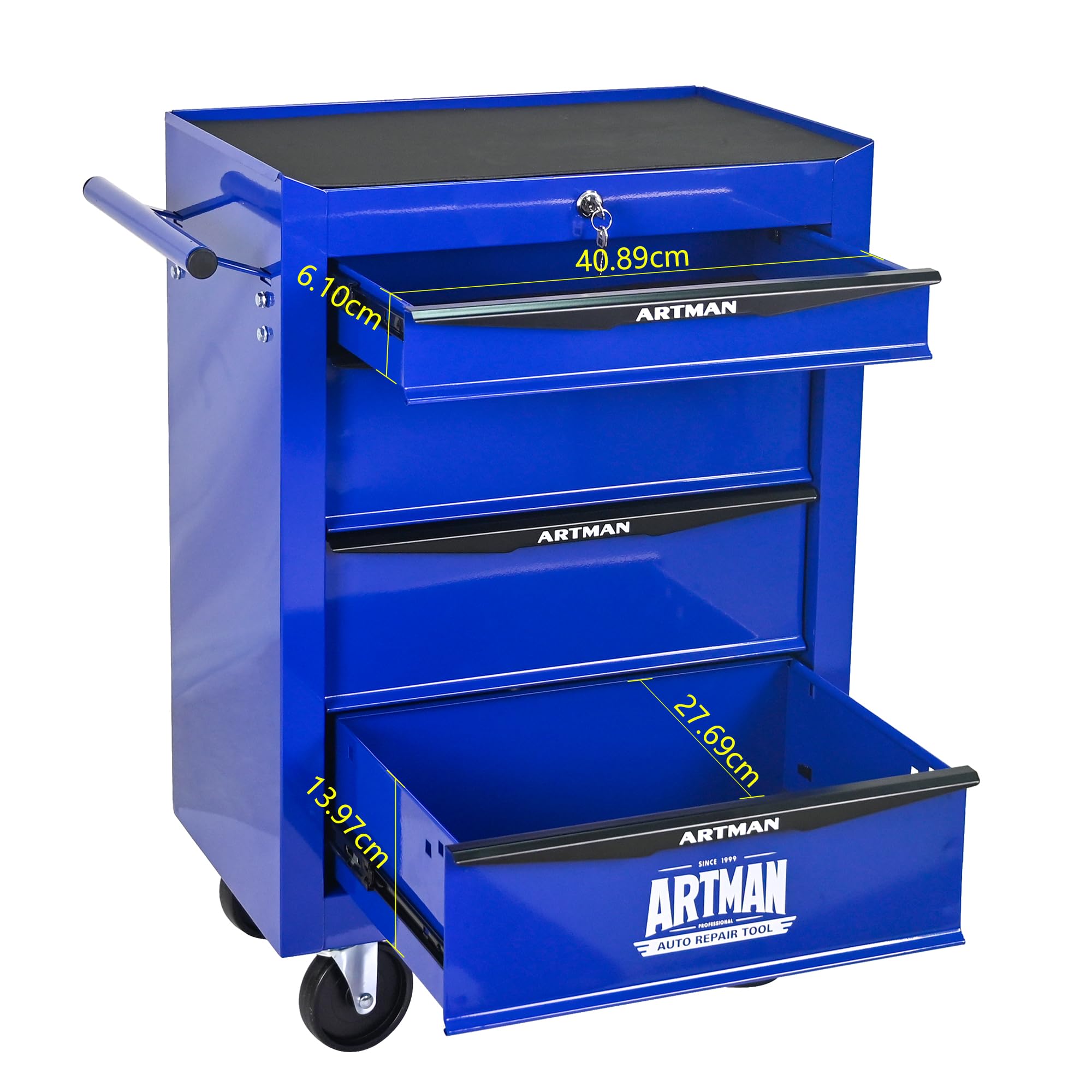 Rolling Metall-Werkzeugkiste con Steel, 4 Cassetti e Ruote con Freno, Armadio per Attrezzi 20" con Guide a Sfere, Organizzatore Garage e Officina, Nero e Blu, 52.4 x 33 x 65.6 cm