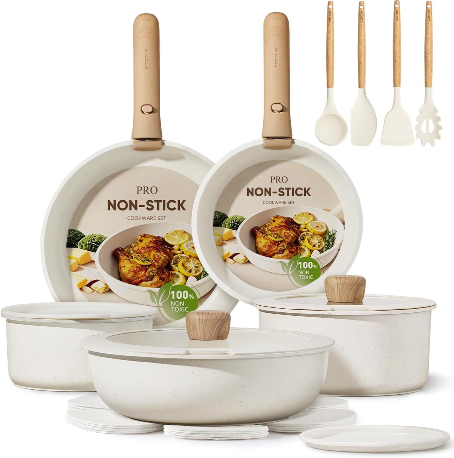 CAROTE 17pcs Pots and Pans Non Stick, Cookware Sets Detachable Handle, Induction Kitchen Pots and Pans,NonStick Cooking Set, Oven/Dishwasher/Fridge Safe, Space Saving