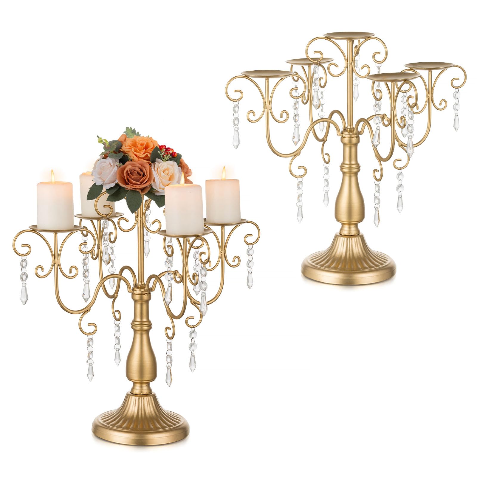 Sziqiqi Portavelas Dorado Candelabro - Portavelas de Pilar de 5 Brazos con Cuentas de Cristal para Centro de Mesa Navideño Decoración de Boda Portavelas Set de 2