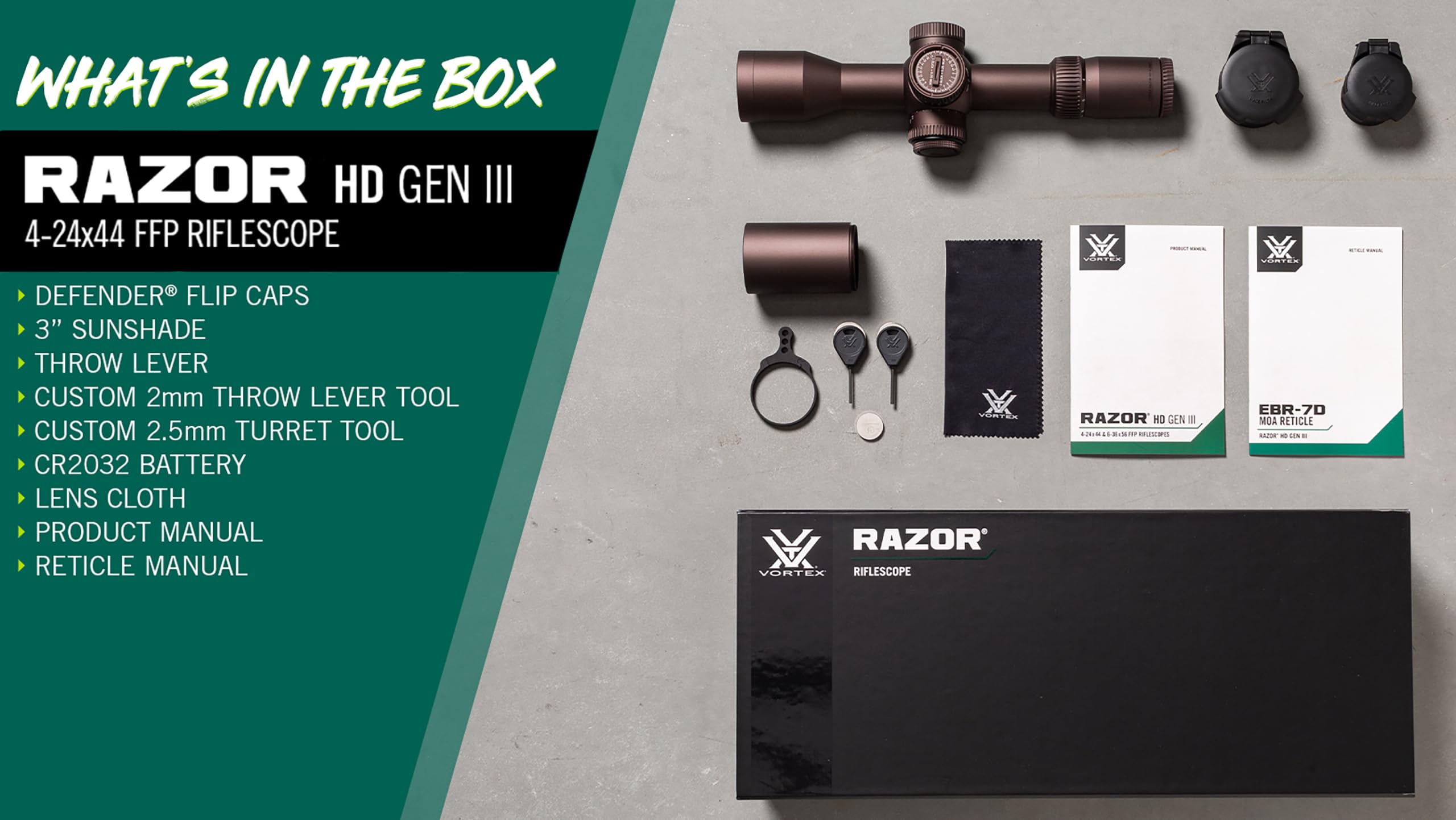 Luneta celownicza VORTEX RAZOR III HD 4-24x44 FFP | 34 mm, AO, EBR-7D, MOA