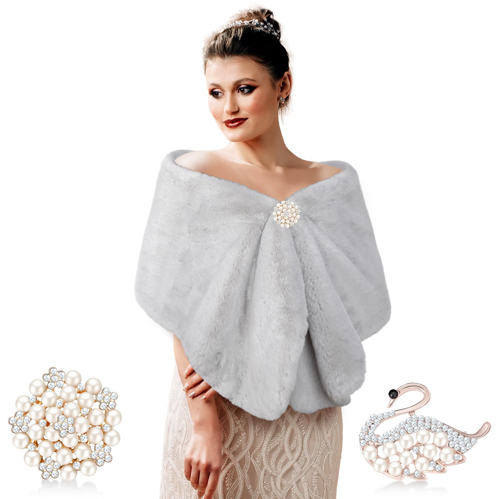 Jadive Faux Fur Shawl Wrap, Gray, 2 Rhinestone Brooches, 172cm x 30cm