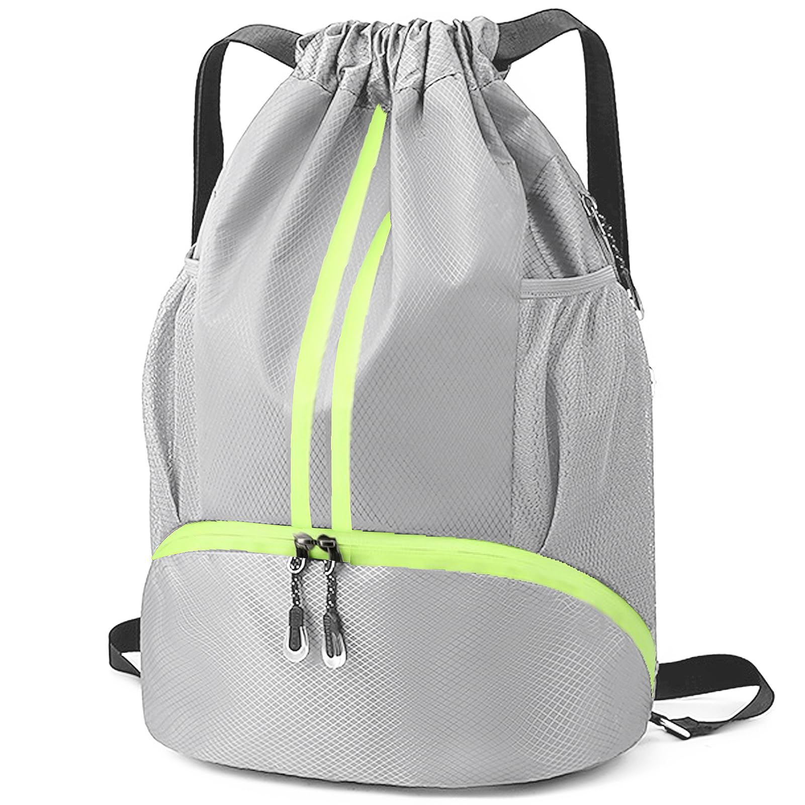 Veki Drawstring Gym Bag Waterproof, Sports Backpack with Shoe Compartment, Large Sport Gym Bag with Dry Wet Separation, Drawstring Backpack with Mesh Pockets for Sports, Swimming, Travel (Grey) โ image 1