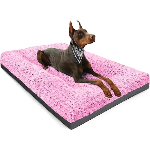 POCBLUE XL Dog Beds, Large Pet Bed for Crate, Washable Plush Dog Mat for Cages, Non-Slip Crate Pad for Outdoor/Indoor/Car Use, Comfy & Soft Kennel Pad for Dogs Up to 90 lbs, 41"x27", Pink