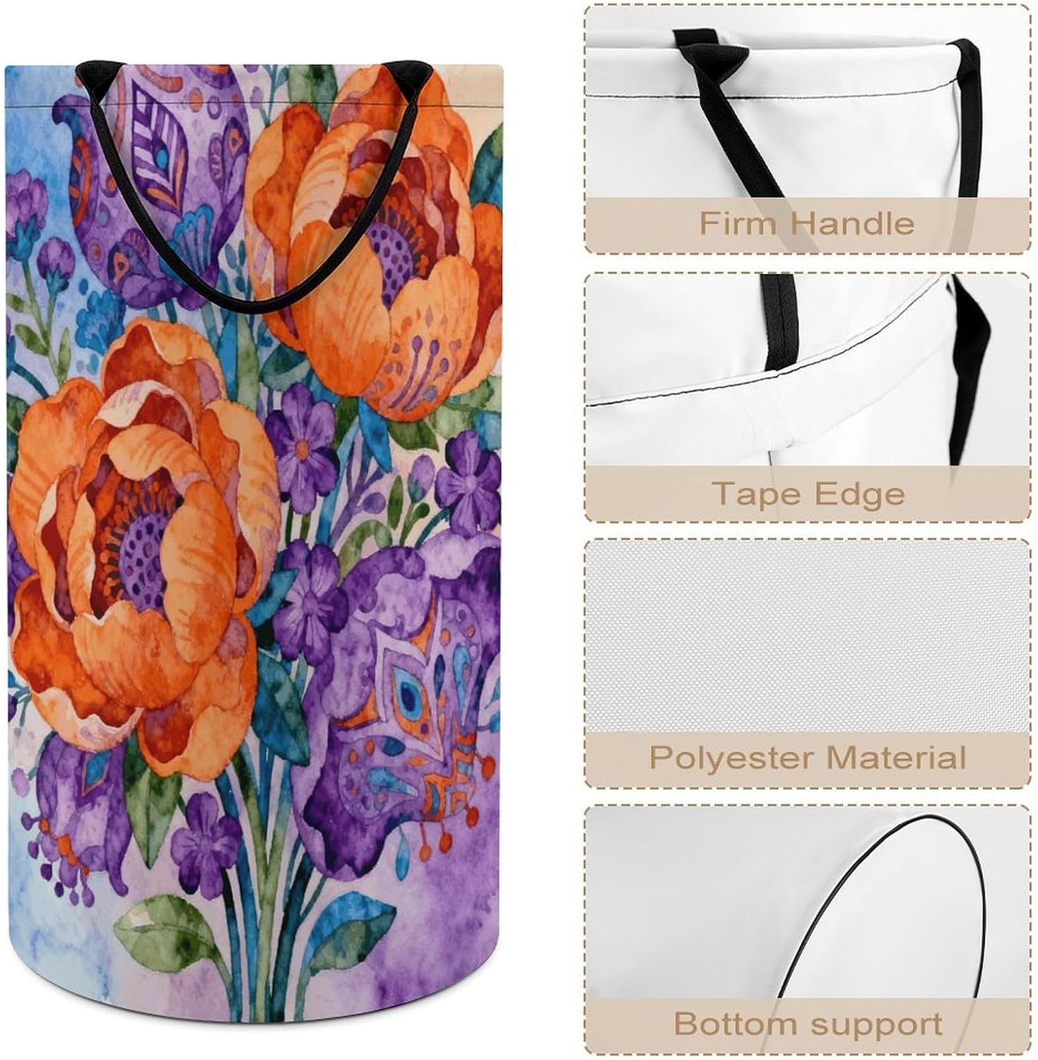 Floral Orange Purple Laundry Hamper with Handles Waterproof Collapsible Laundry Basket Large Lightweight Round Dirty Clothes Hamper for Home Dorm Bathroom Decor