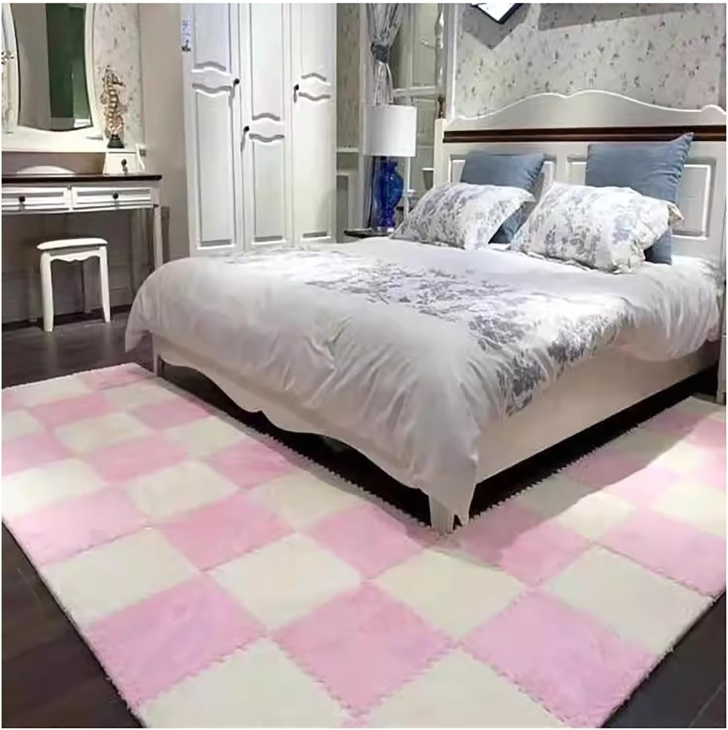 10 Pcs Thickened Plush Interlocking Floor Mat Thick- Fluffy Square Tiles with Edgings Soft Anti-Slip Puzzle Area Rug Playmat for Room(Pink,24pcs)