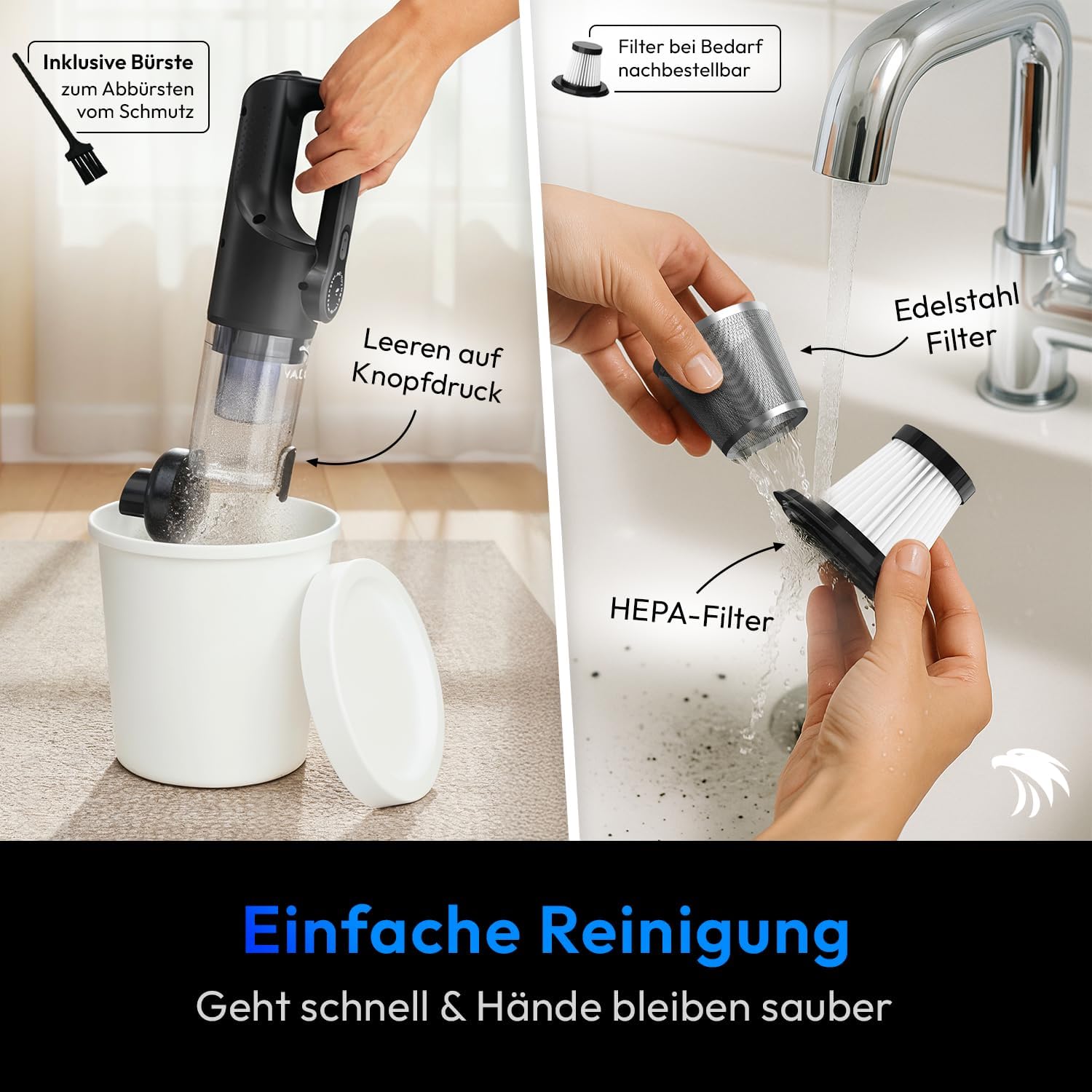 VALKER® Handstaubsauger Akku [TESTSIEGER] Starke Saugleistung 80000 RPM | Druckluft Funktion 2-in-1 | Waschbarer HEPA-Filter | Handsauger Kabellos für Auto & Zuhause | Mastergrip